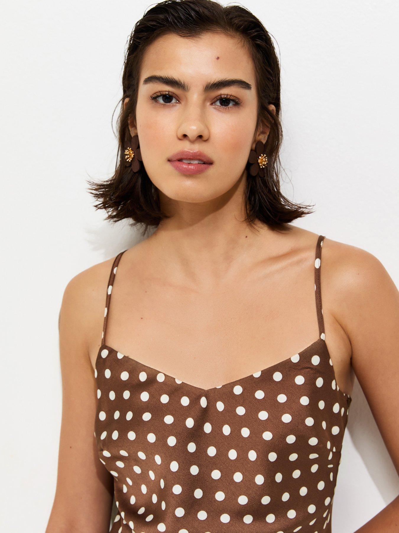 white dress with brown spots A-Line Brown Satin Ball Gown Short Sleeves Long Party Dress V-neckline –  Koutun Dress main image 0