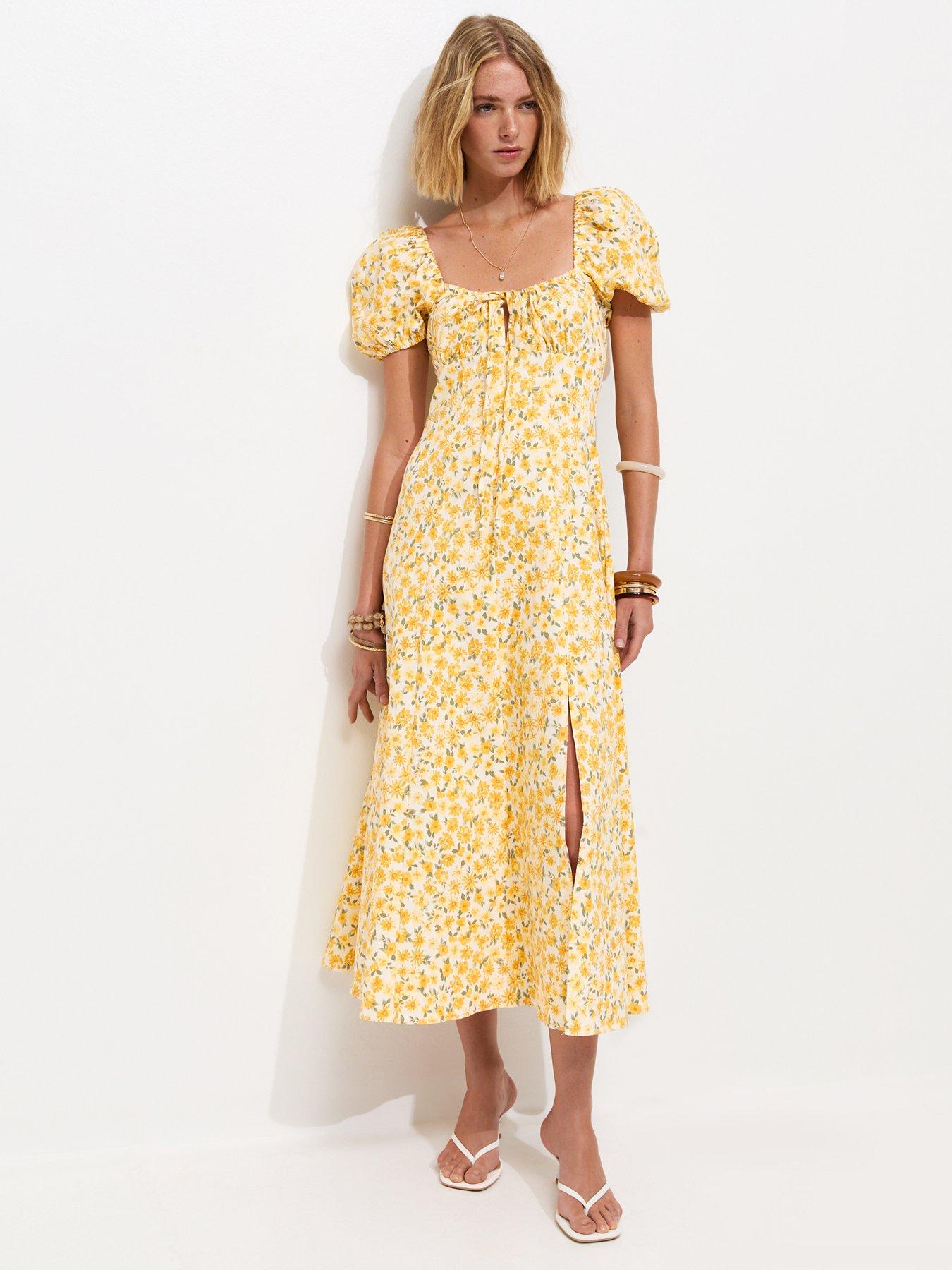 New Look Yellow Floral Print Milkmaid Split Front Midi Dress
