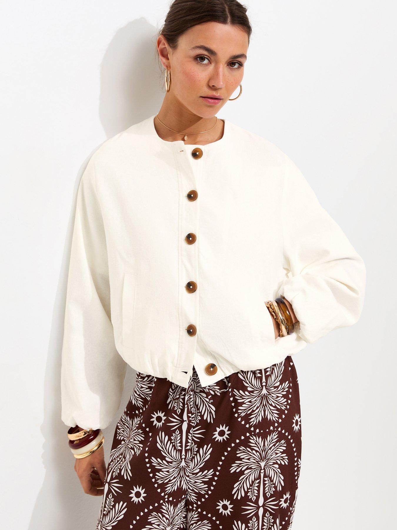 Image 1 of 5 of New Look Linen Blend Button Through Bomber Jacket - White