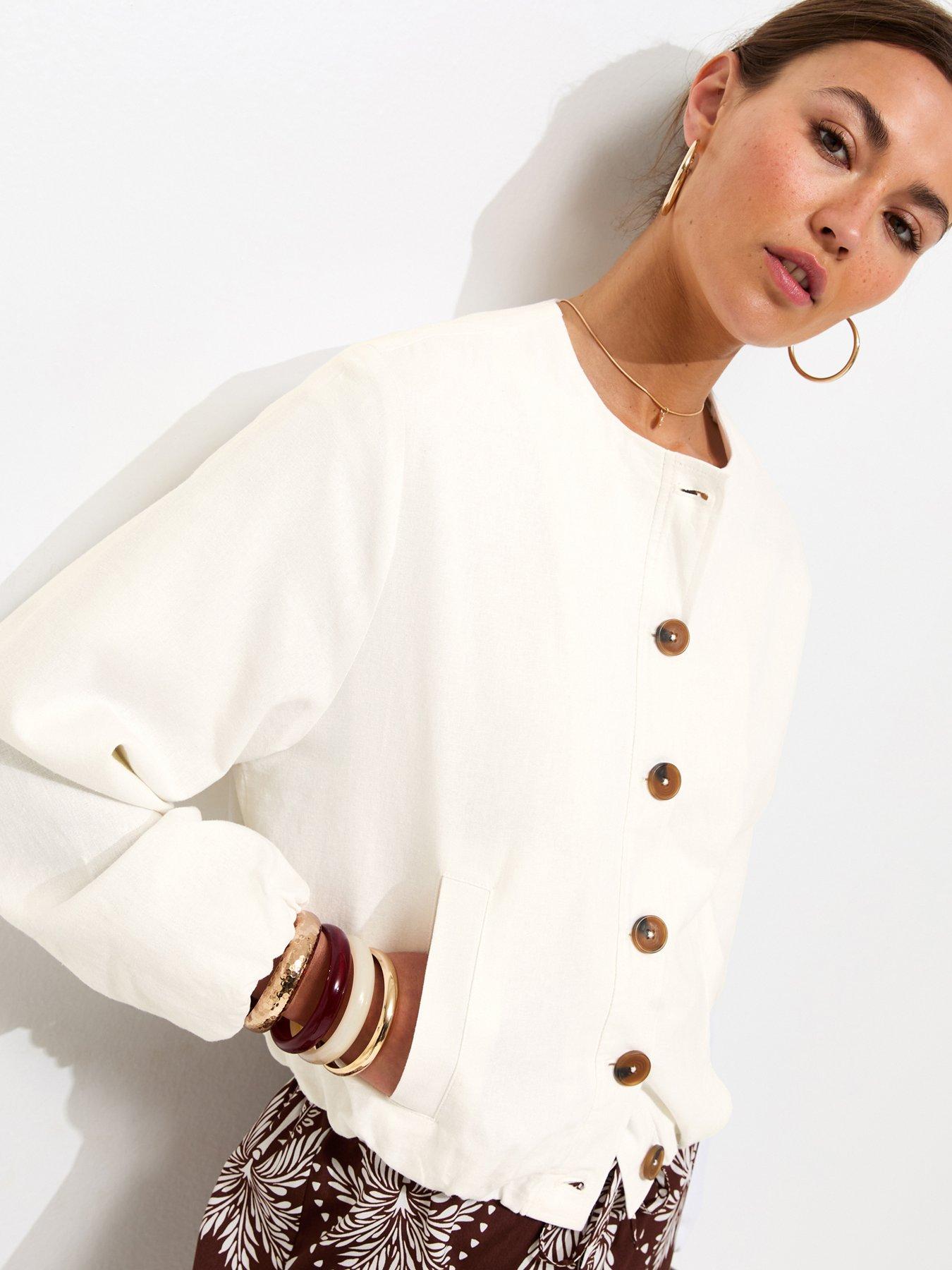 Image 4 of 5 of New Look Linen Blend Button Through Bomber Jacket - White