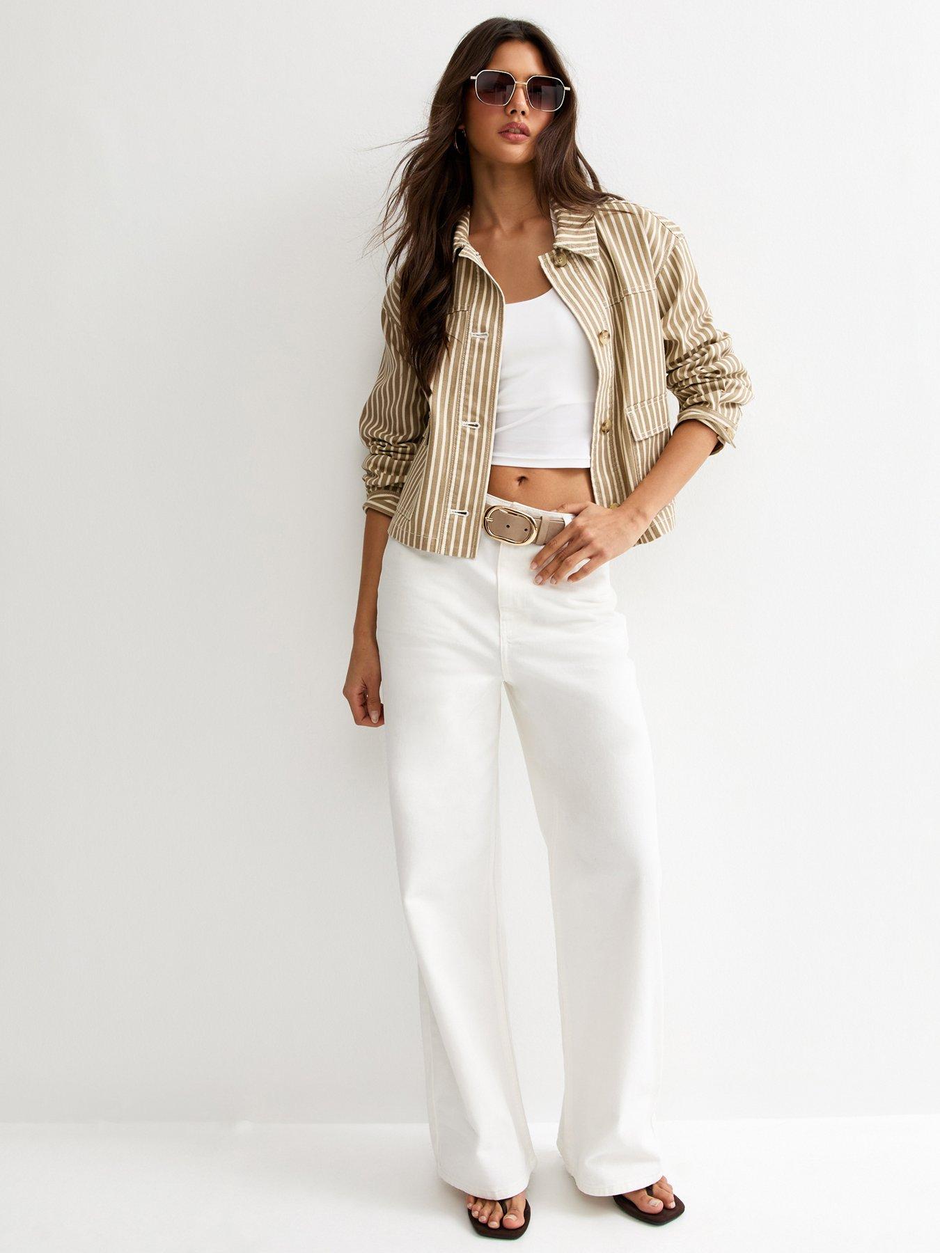 Image 3 of 6 of New Look Twill Cropped Pinstripe Shacket - Light Brown