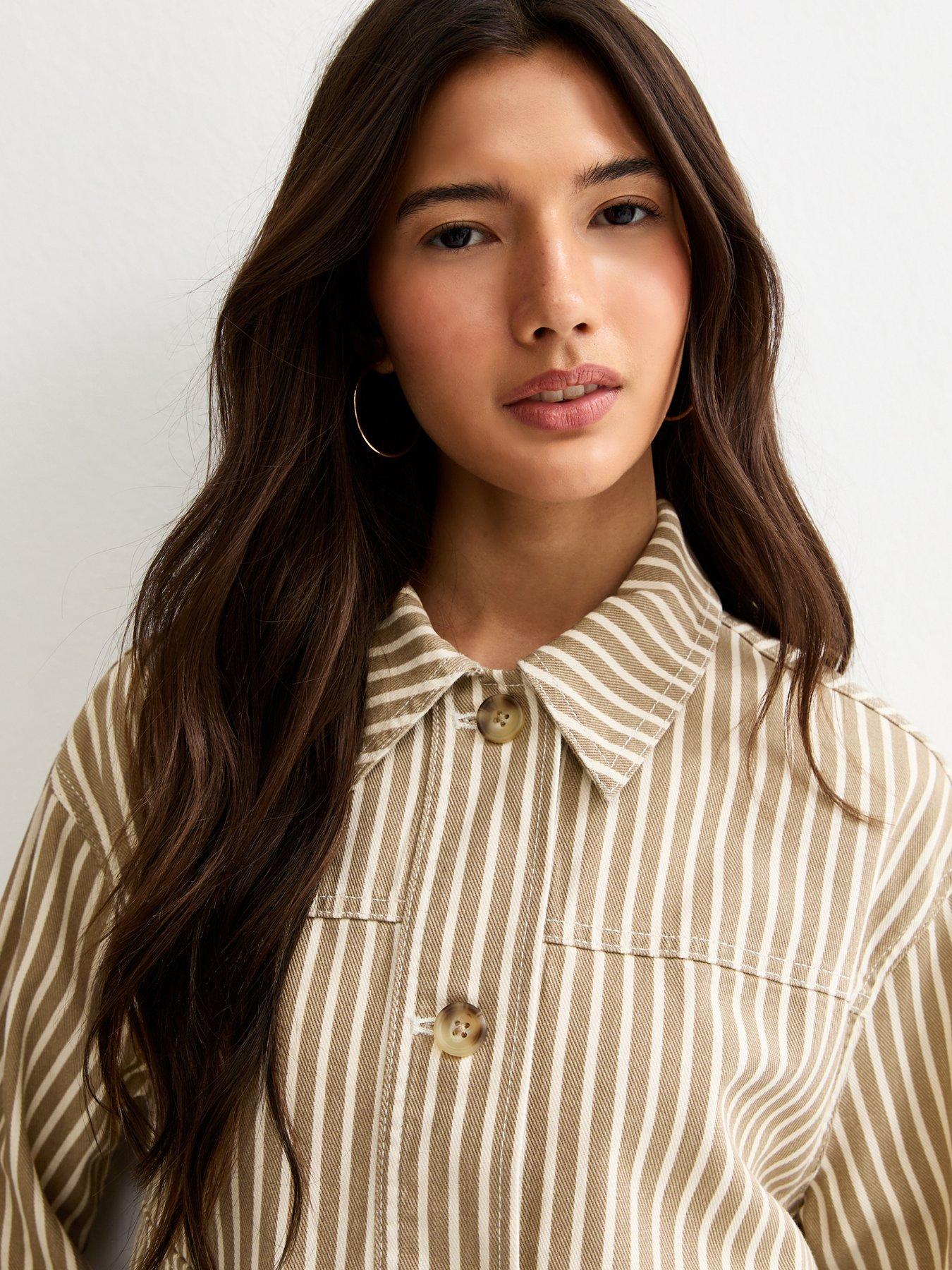 Image 4 of 6 of New Look Twill Cropped Pinstripe Shacket - Light Brown