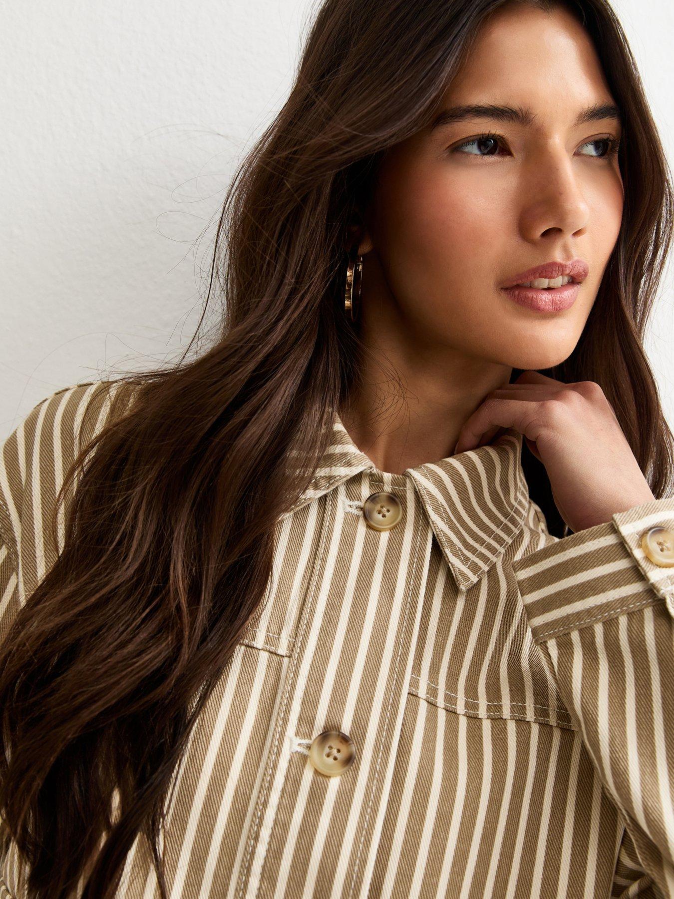 Image 5 of 6 of New Look Twill Cropped Pinstripe Shacket - Light Brown