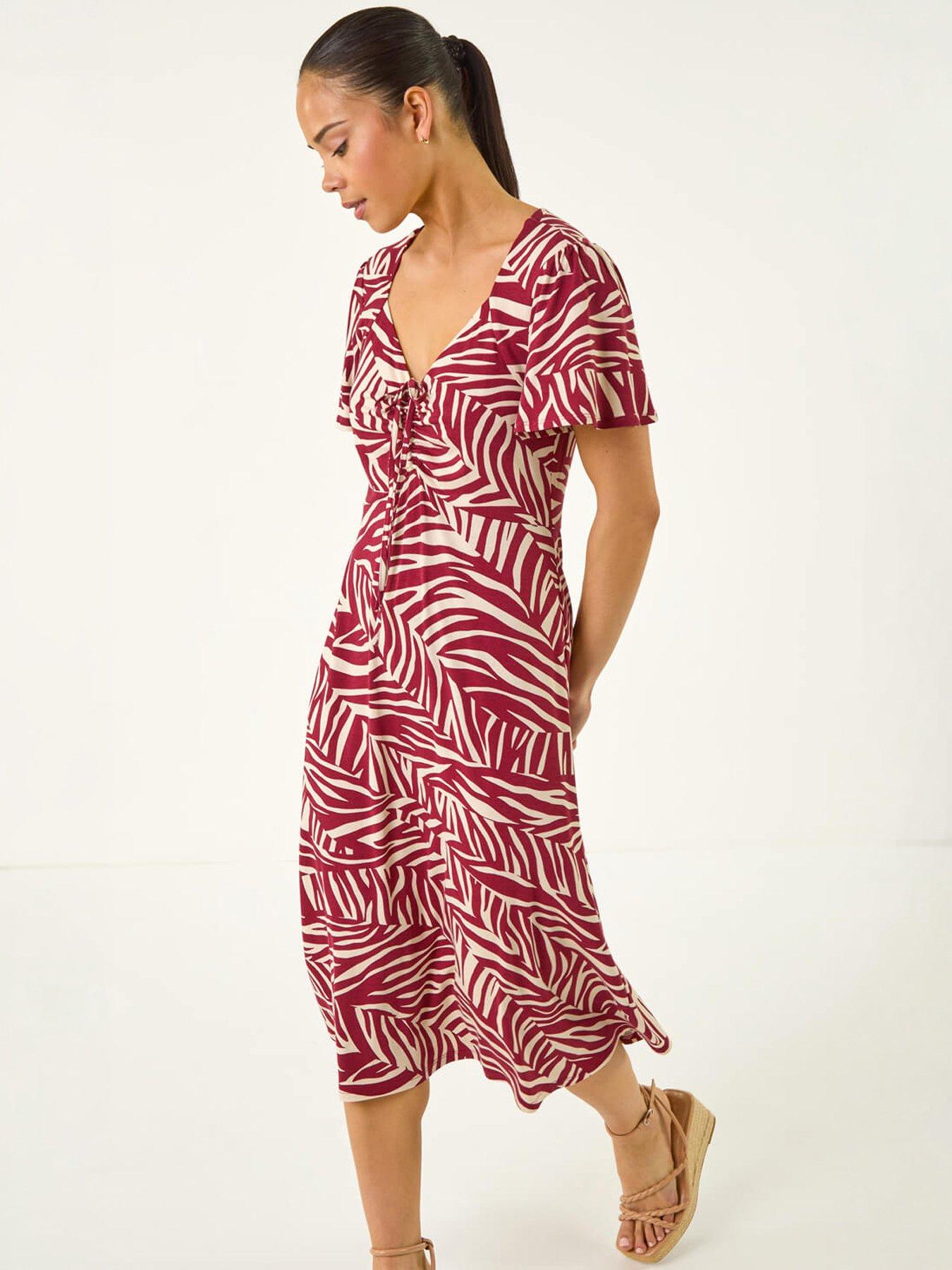 Roman Petite Animal Stretch Gathered Midi Dress