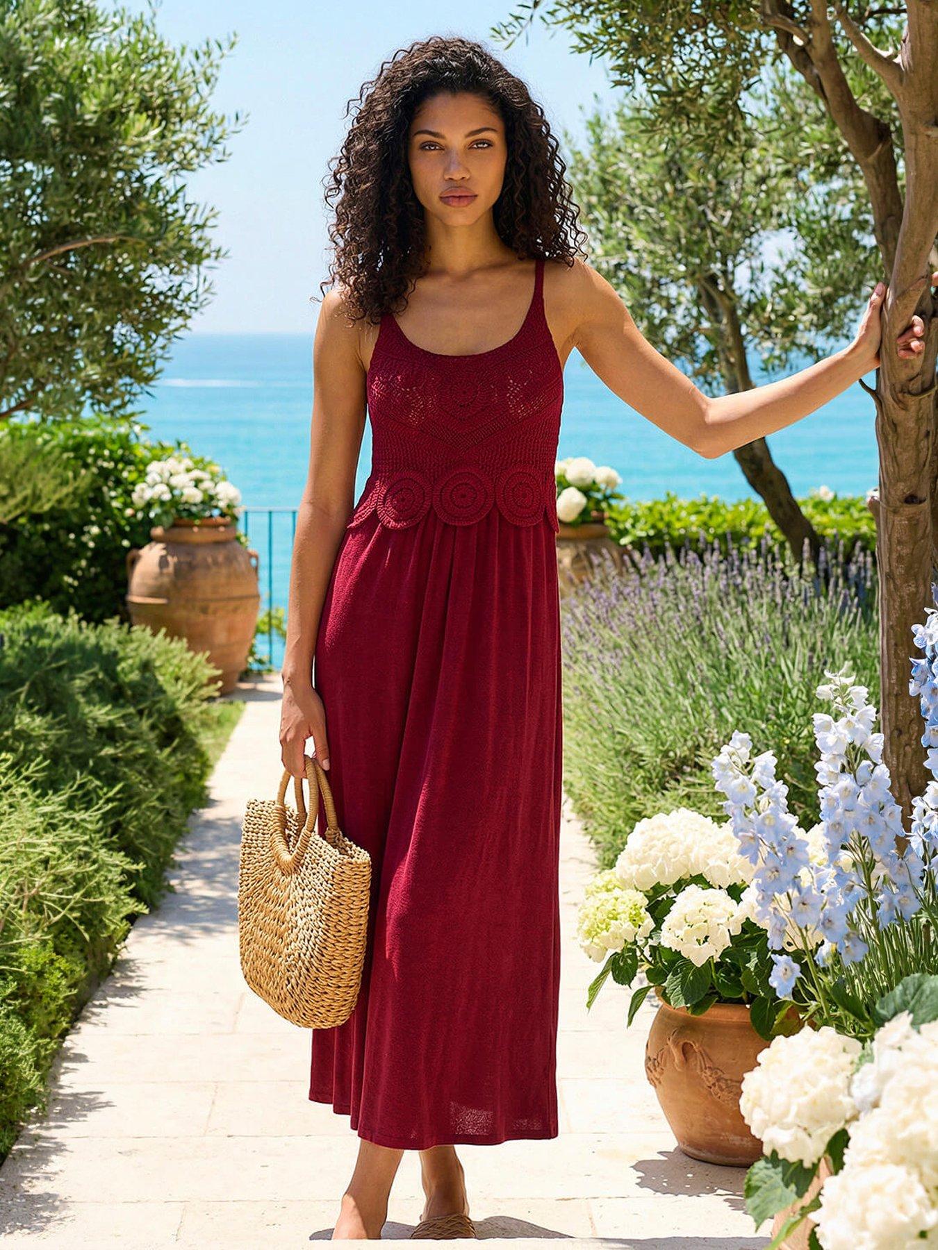 Roman Petite Crochet Contrast Midi Dress