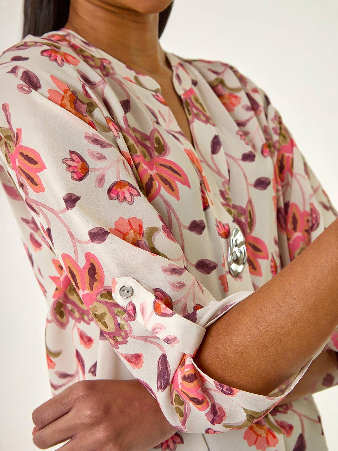 Image 2 of 5 of Roman Floral Print Button V-neck Tunic Top