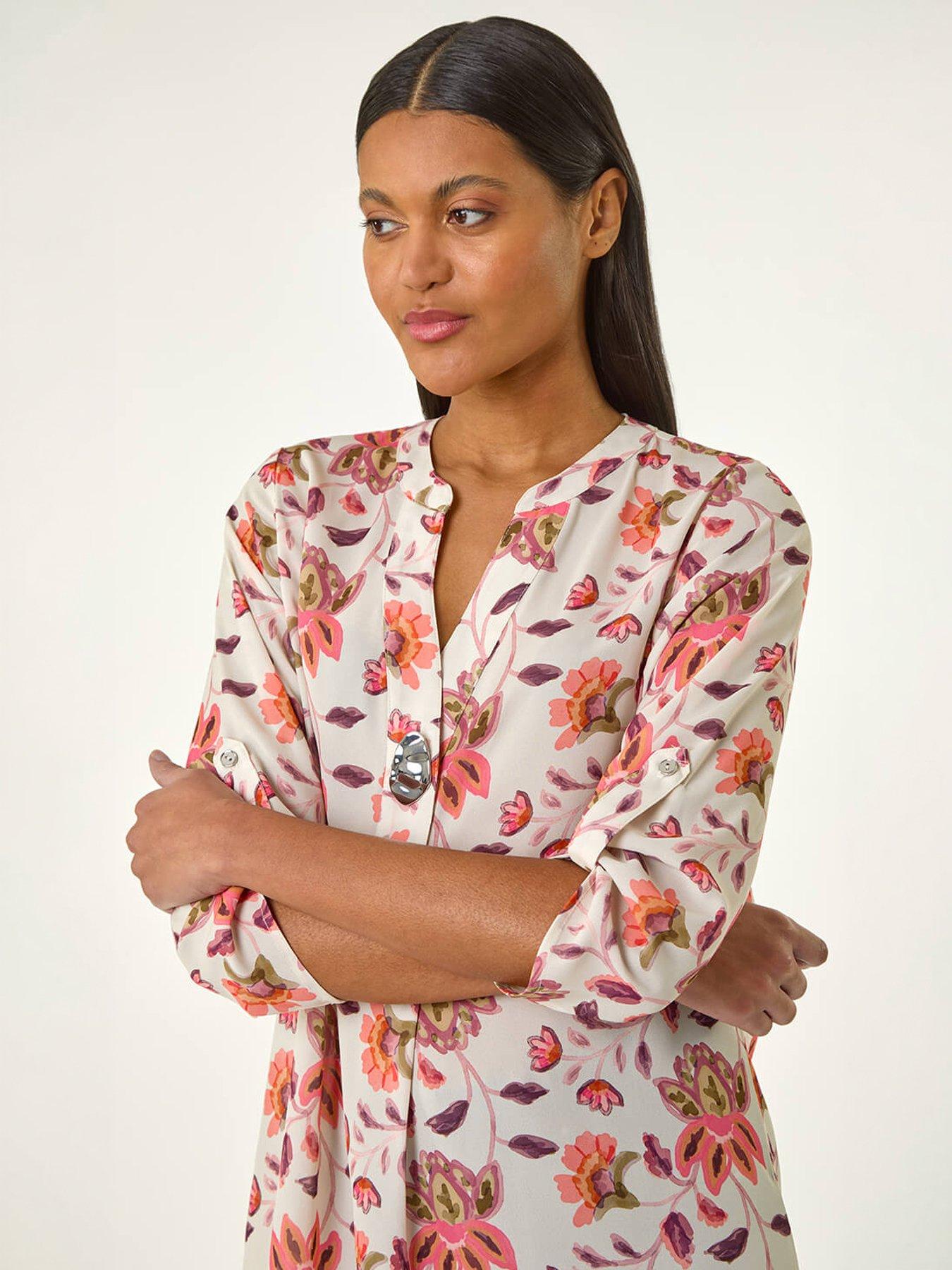Image 3 of 5 of Roman Floral Print Button V-neck Tunic Top