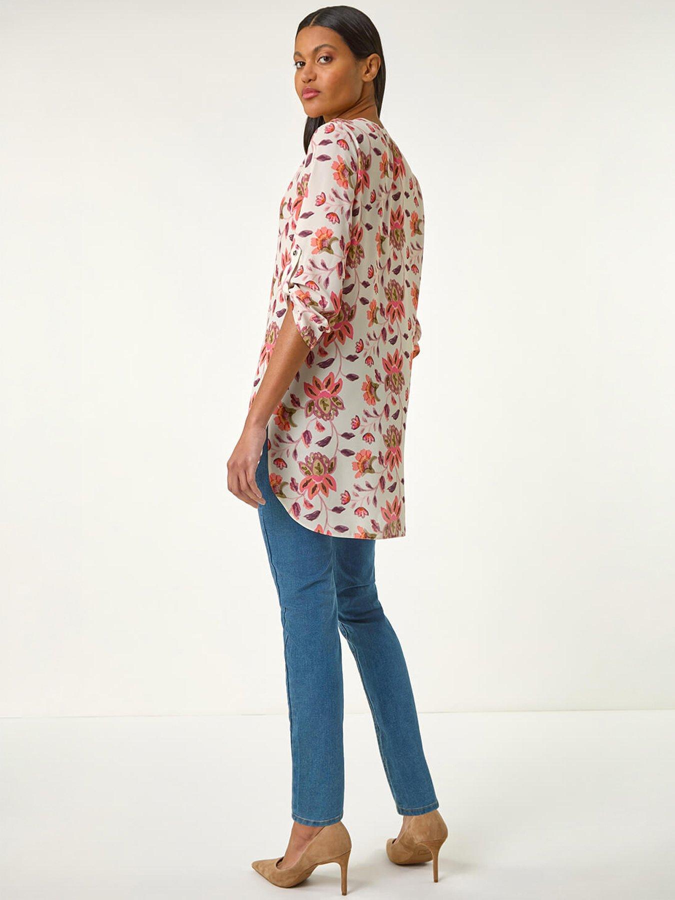 Image 4 of 5 of Roman Floral Print Button V-neck Tunic Top