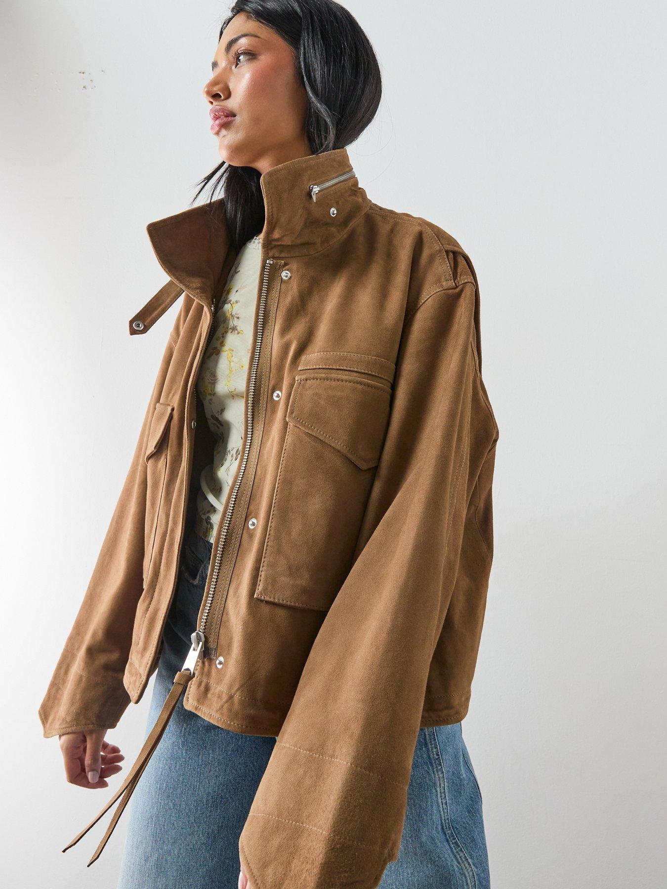 AllSaints Funnel Neck Suede Cropped Jacket - Clay