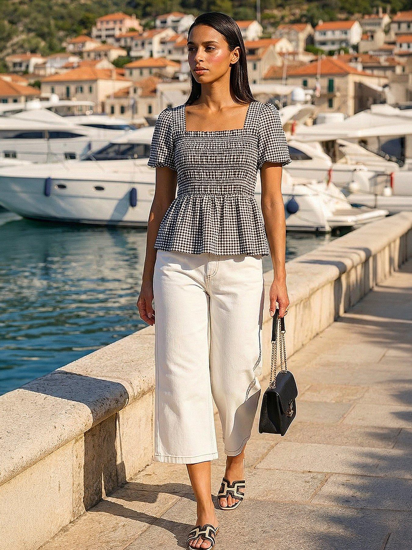 Roman Dusk Gingham Shirred Peplum Top