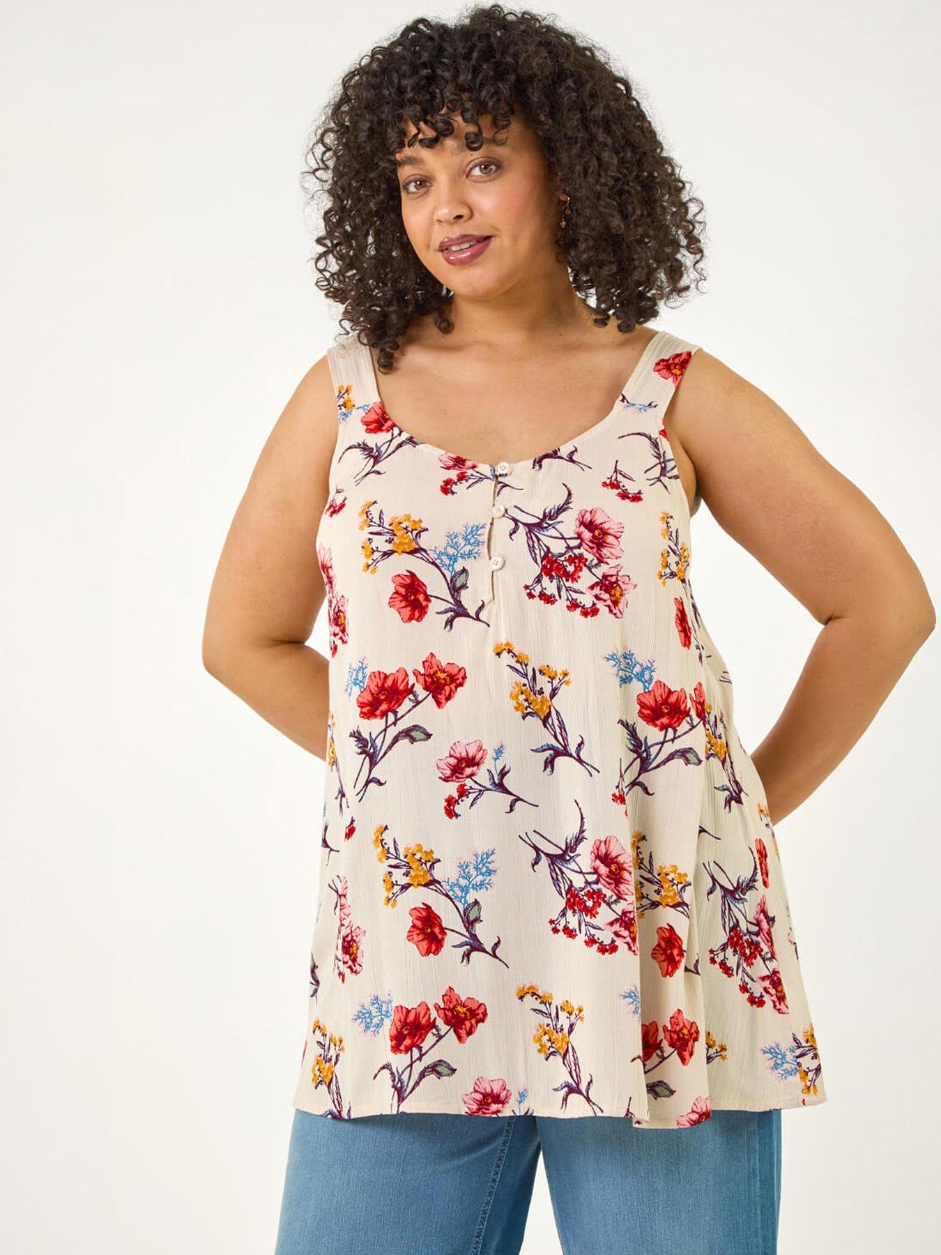 Roman Curve Ditsy Floral V-neck Top, Beige, Size 22-24, Women