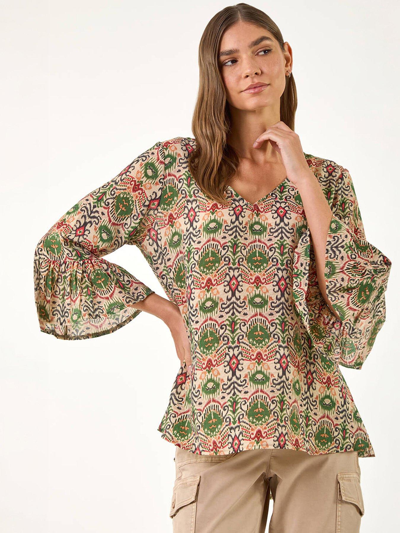Roman Ikat Print Flare Sleeve Top