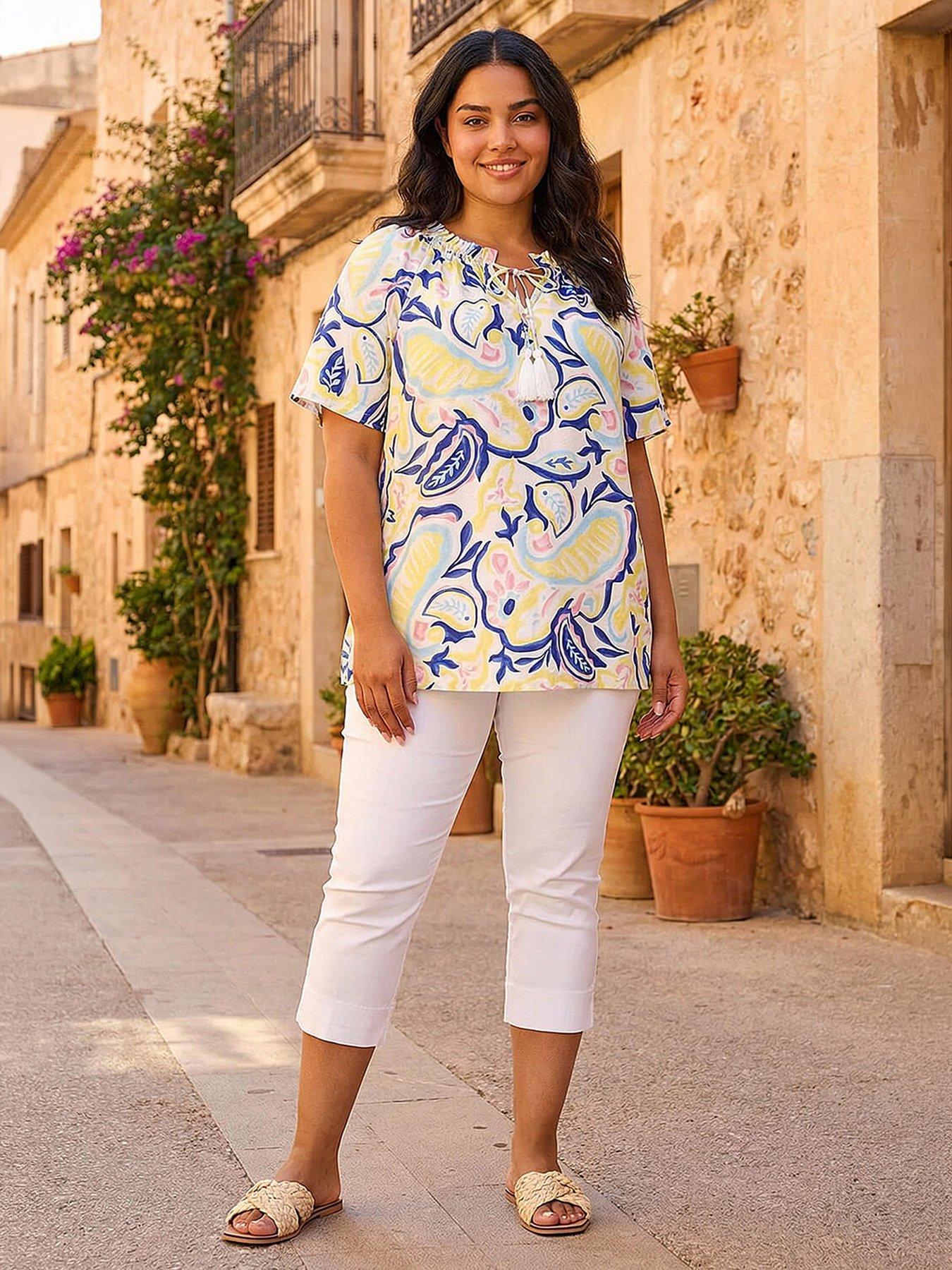 Roman Curve Women's Yellow Abstract Print Gathered Top - Image 2