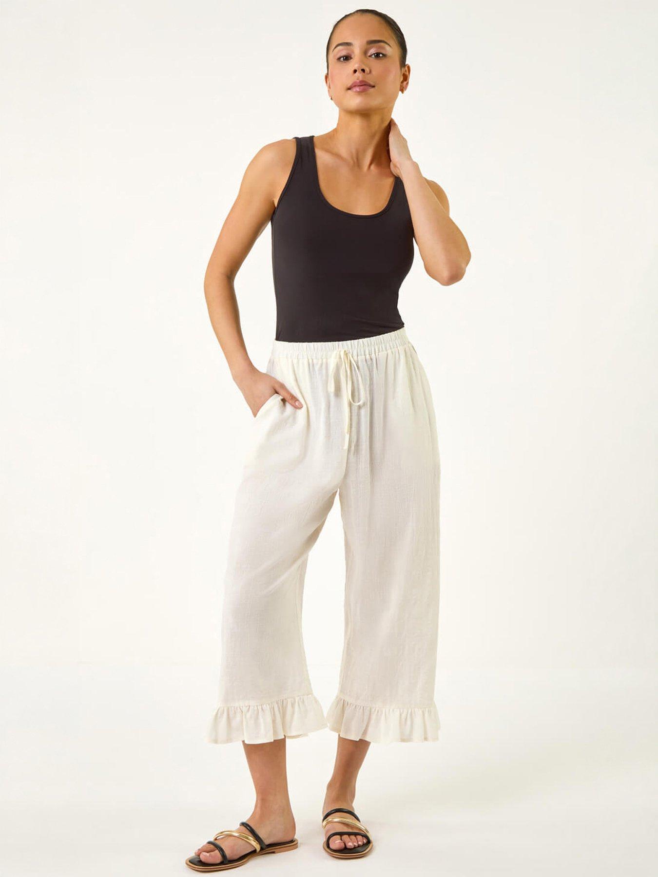 Roman Petite Cotton Cropped Frill Hem Trouser