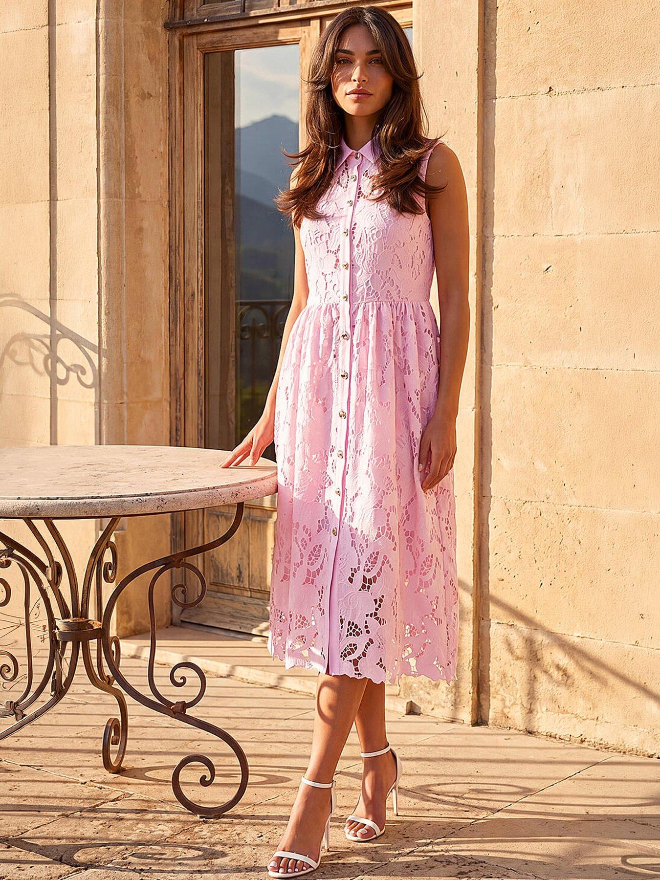 Roman Lace Shirt Belted Dress, Pink, Size 14, Women