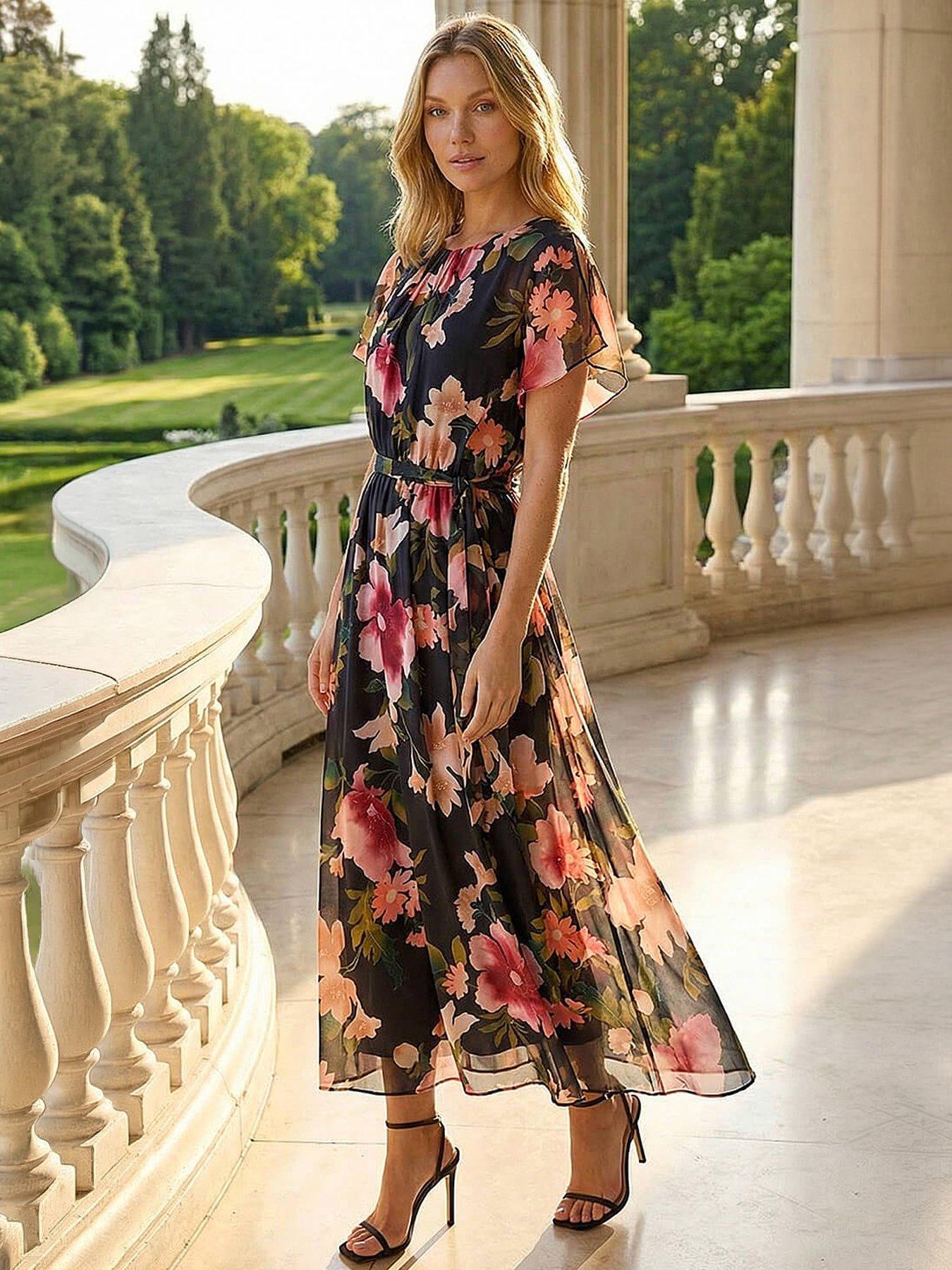Roman Floral Split Sleeve Midi Dress, Black, Size 16, Women