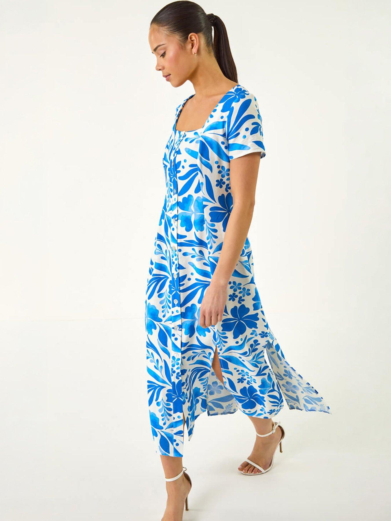 Roman Petite Floral Button Front Midi Dress, Blue, Size 12, Women