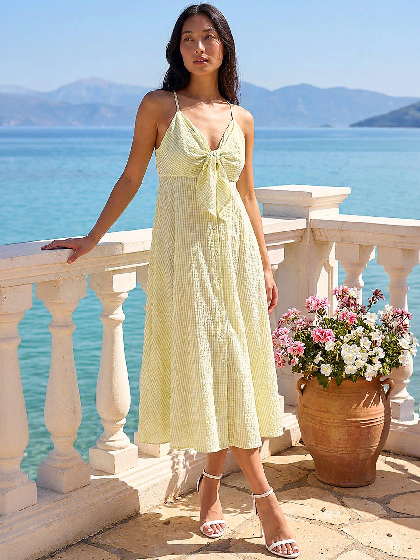 Roman Petite Gingham Twist Front Dress, Green, Size 12, Women