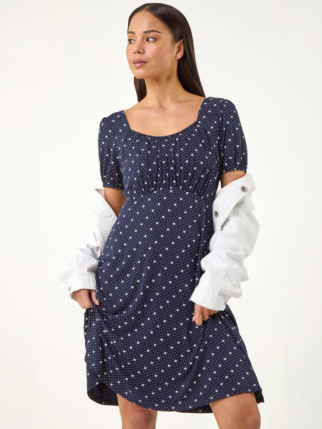 Image 1 of 5 of Roman Petite Floral Polka Dot Stretch Dress