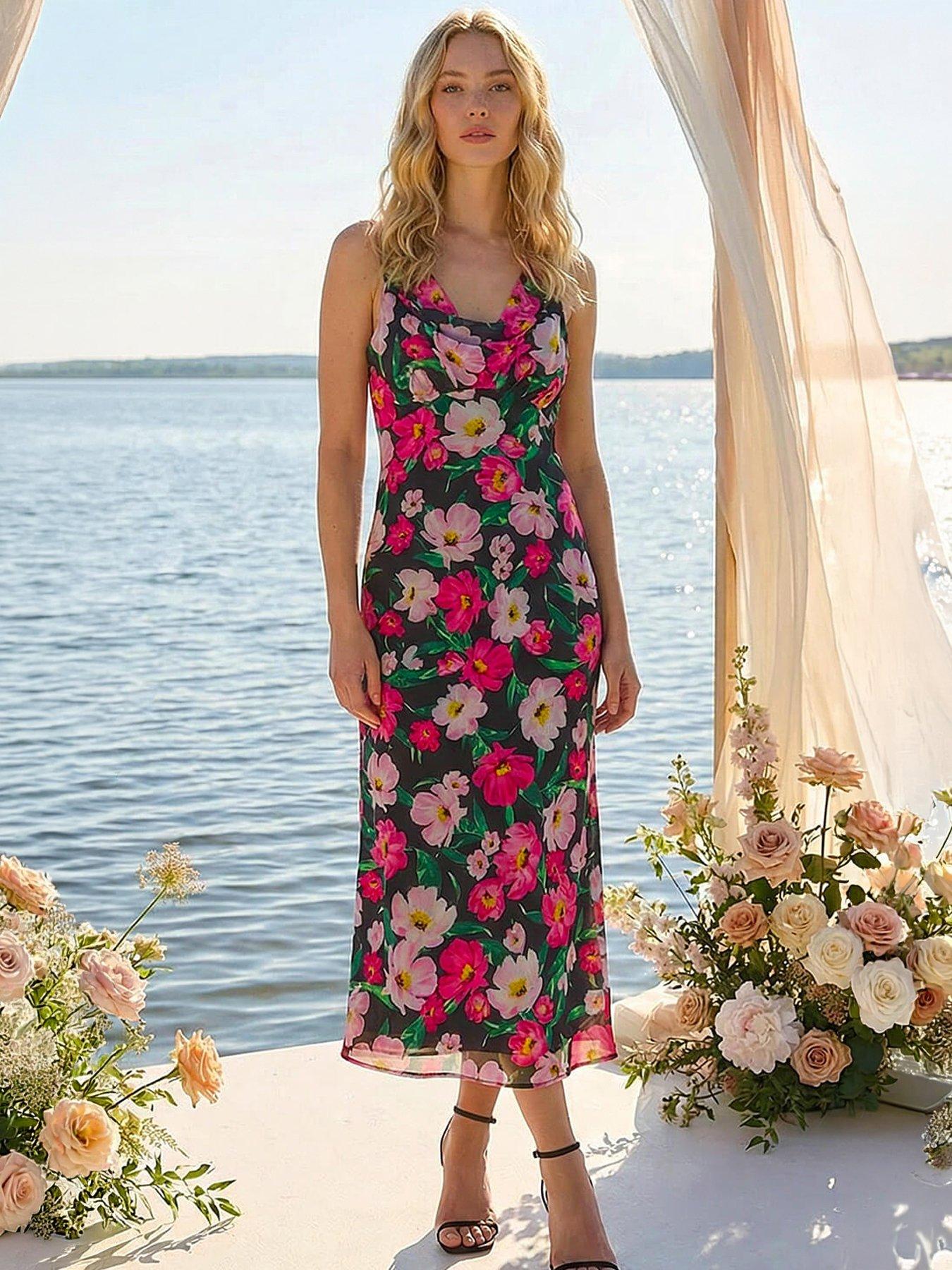 Roman Floral Print Cowl Neck Midi Dress