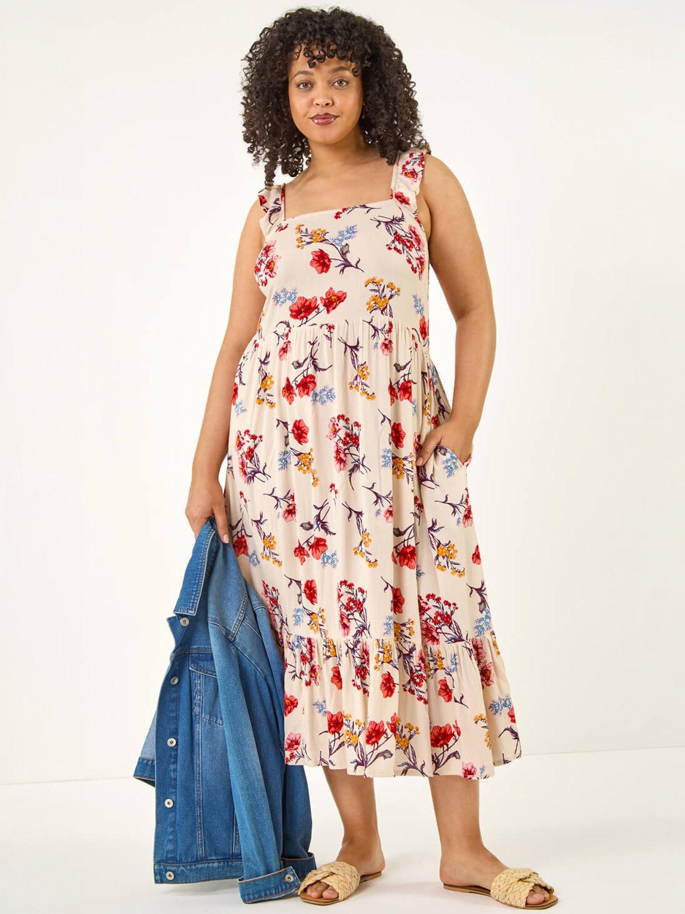 Roman Curve Ditsy Floral Strap Midi Dress