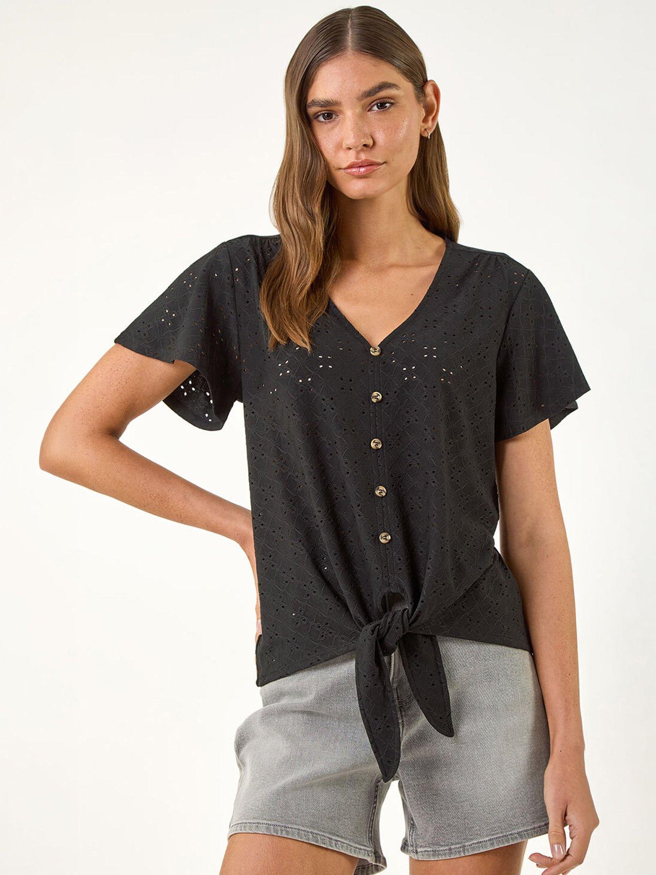 Roman V-neck Broderie Stretch Jersey Tie Front Top