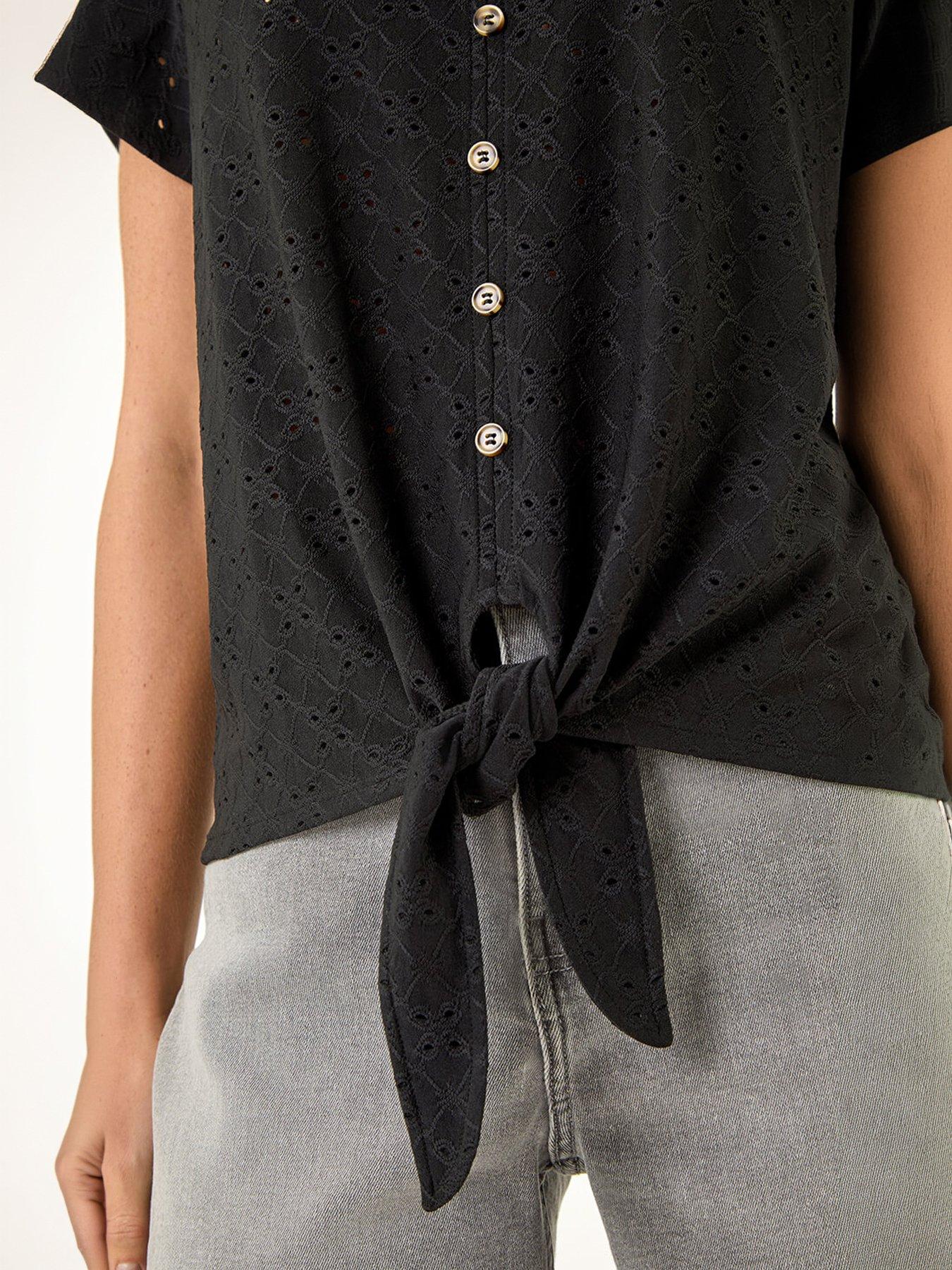 Image 2 of 5 of Roman V-neck Broderie Stretch Jersey Tie Front Top