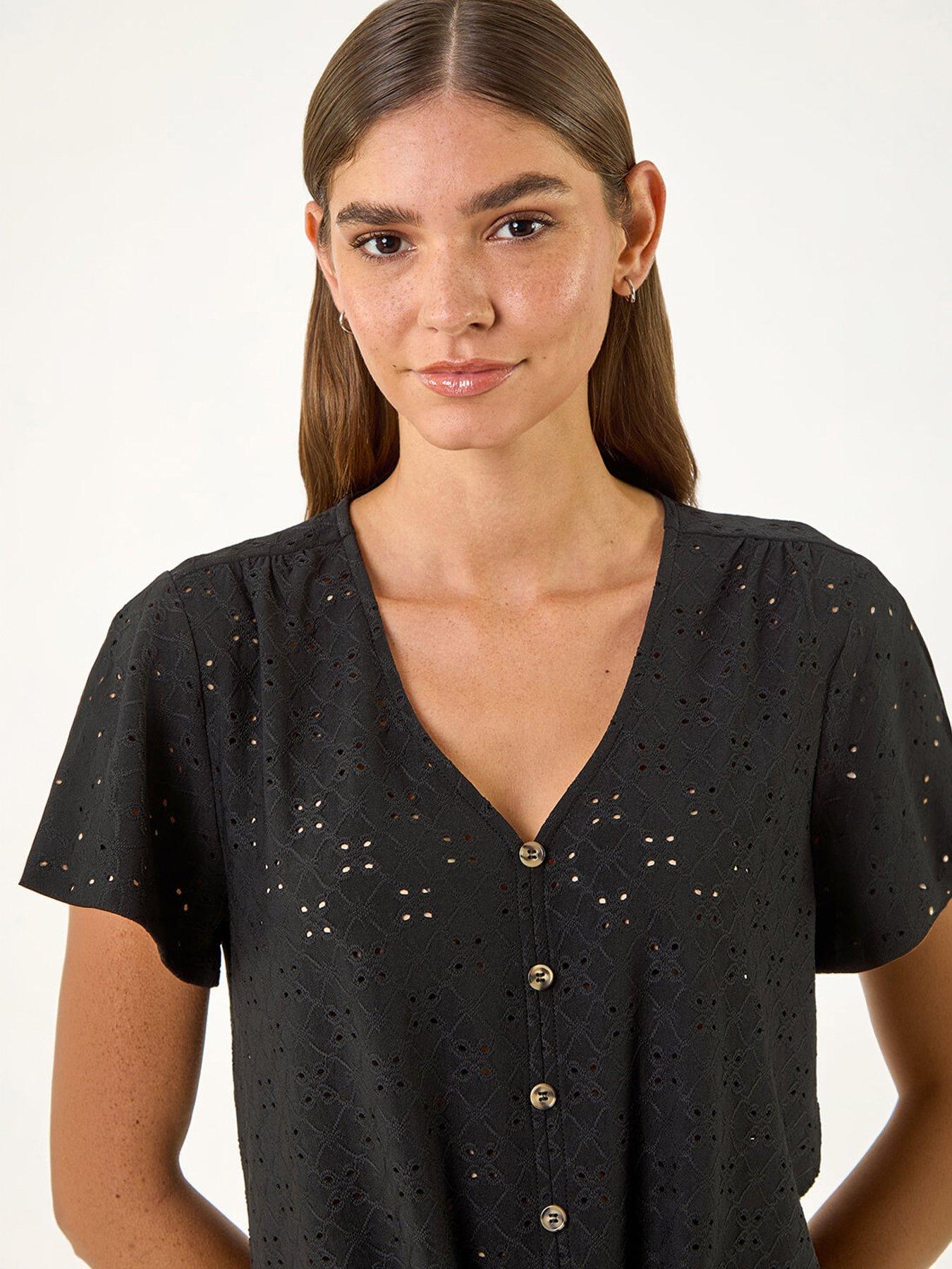 Image 3 of 5 of Roman V-neck Broderie Stretch Jersey Tie Front Top