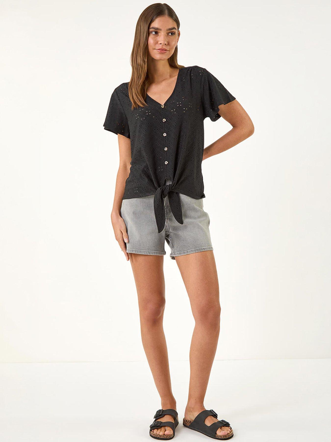 Image 5 of 5 of Roman V-neck Broderie Stretch Jersey Tie Front Top