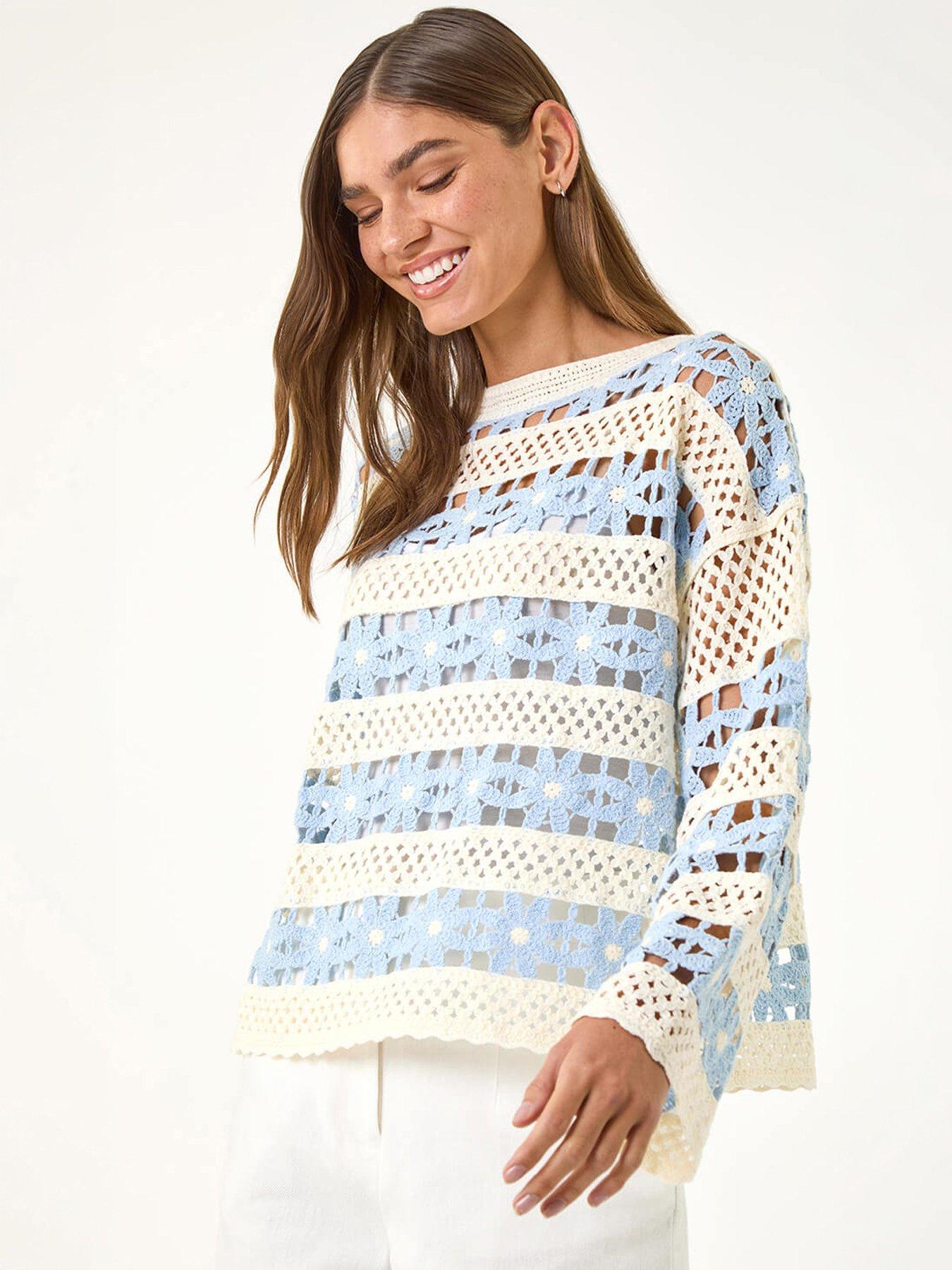 Image 1 of 5 of Roman Floral Stripe Crochet Knit Jumper