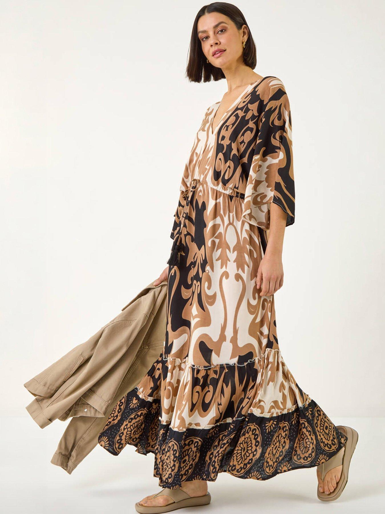 Roman Boho Border Print Maxi Dress, Brown, Size 16, Women