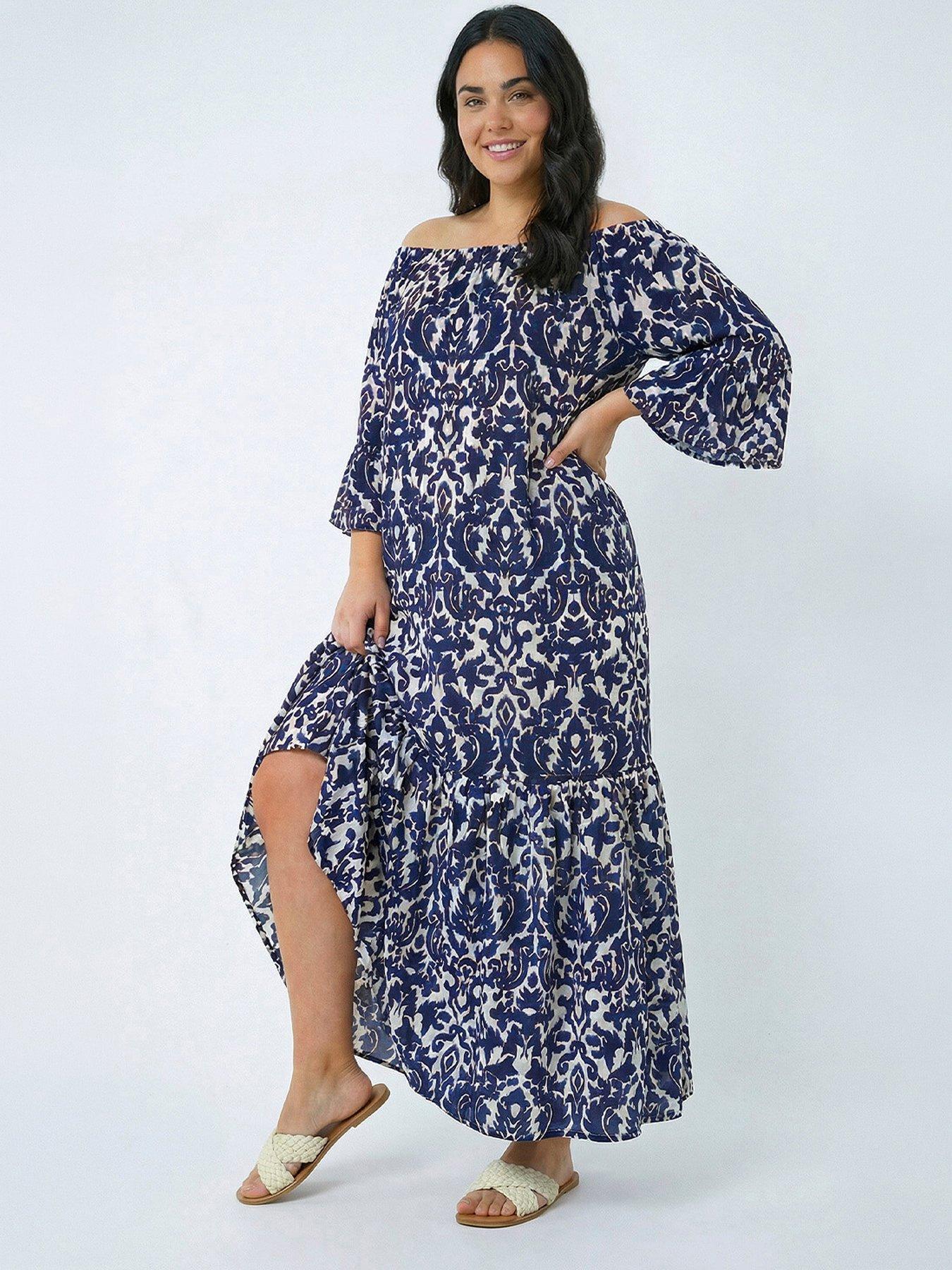 Image 1 of 5 of Roman Curve Printed Bardot Maxi Dress