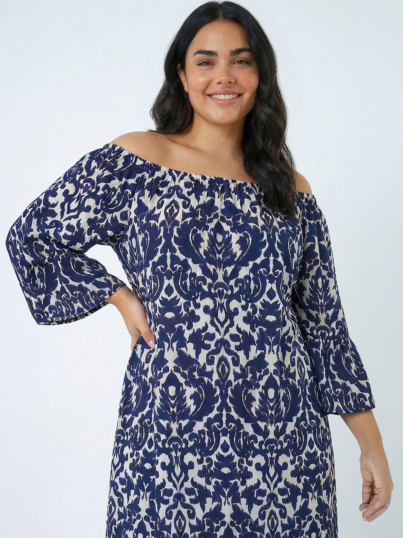 Image 4 of 5 of Roman Curve Printed Bardot Maxi Dress