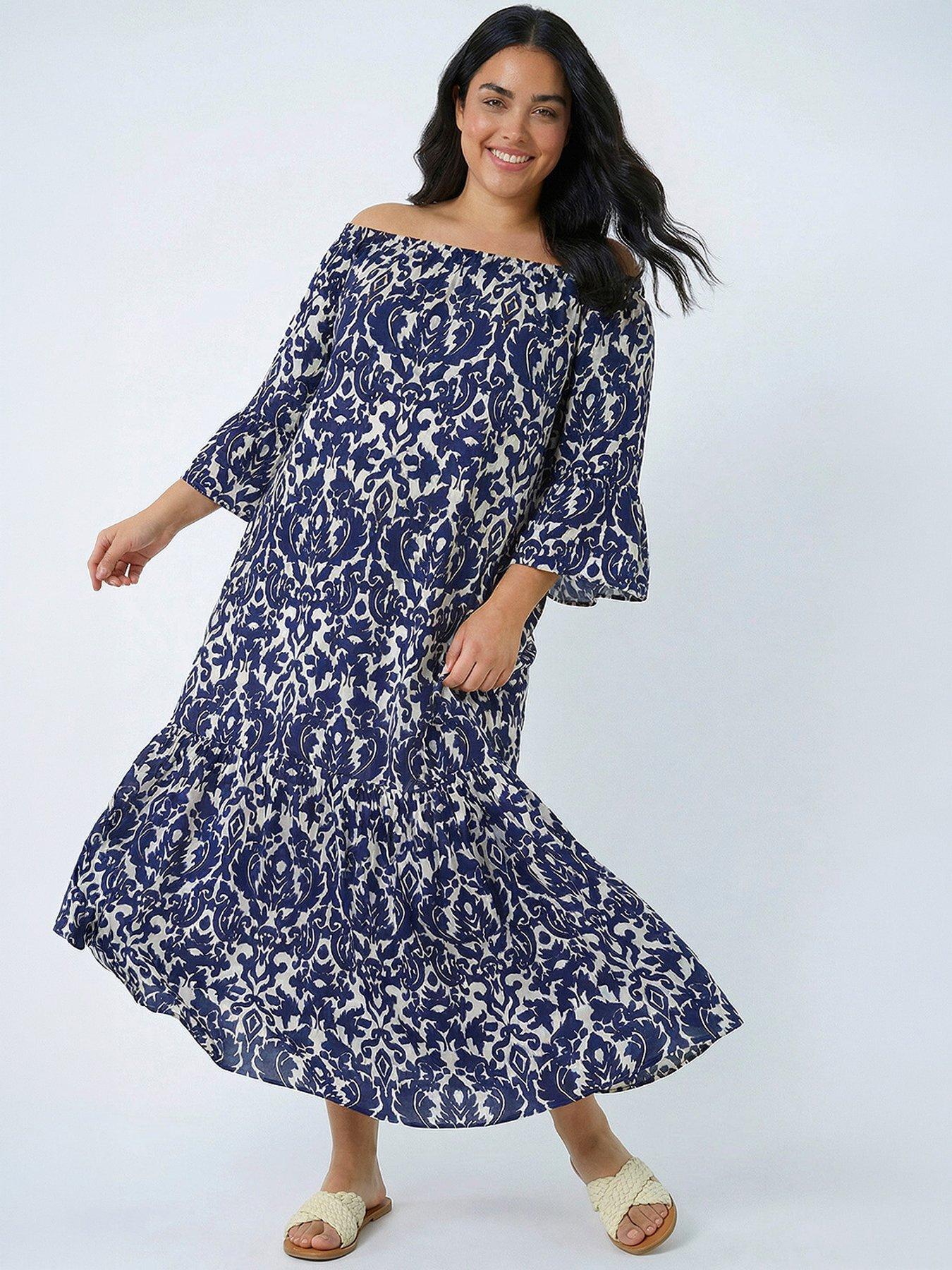 Image 5 of 5 of Roman Curve Printed Bardot Maxi Dress