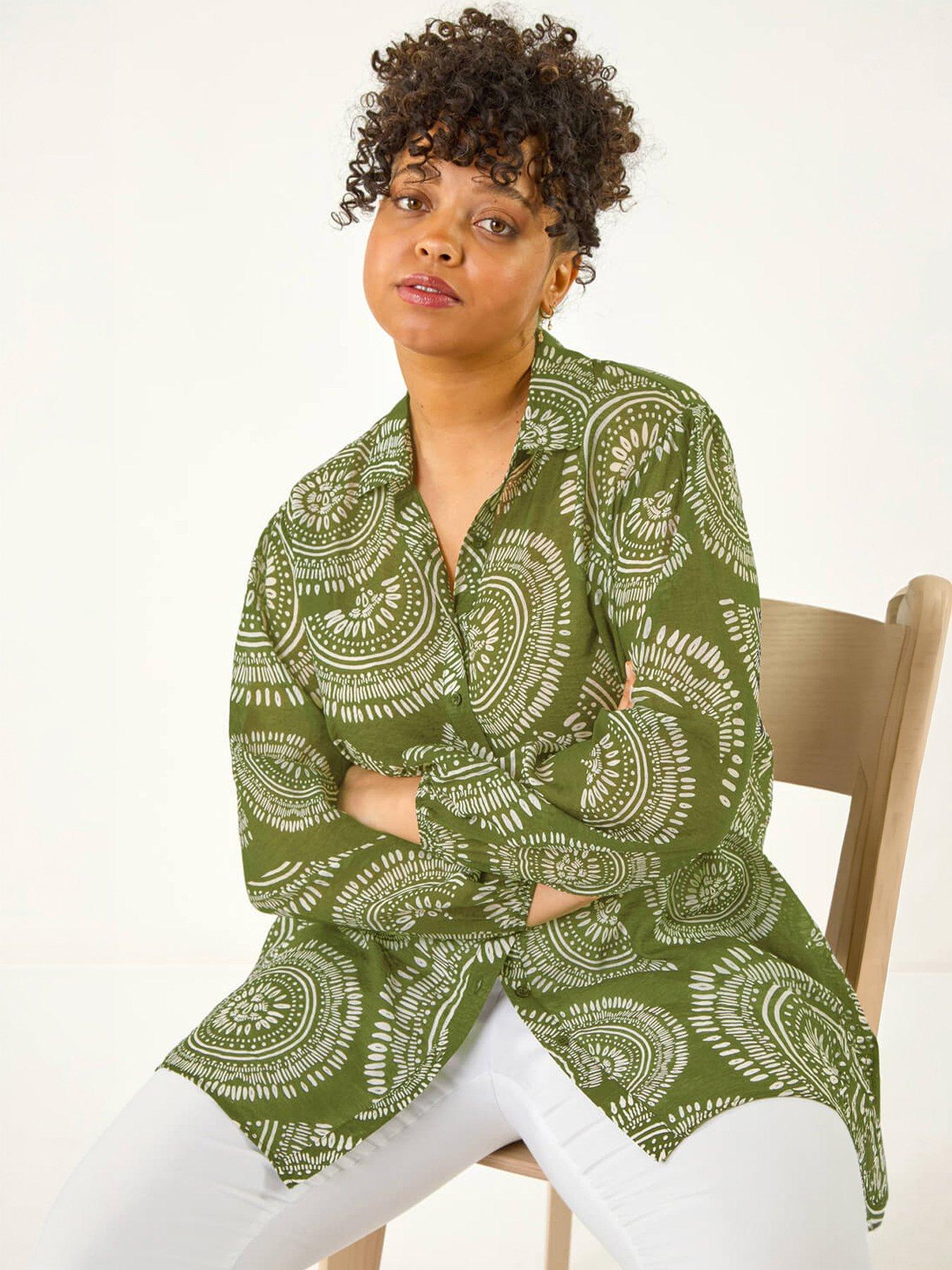 Roman Curve Abstract Print Woven Shirt, Green, Size 18, Women