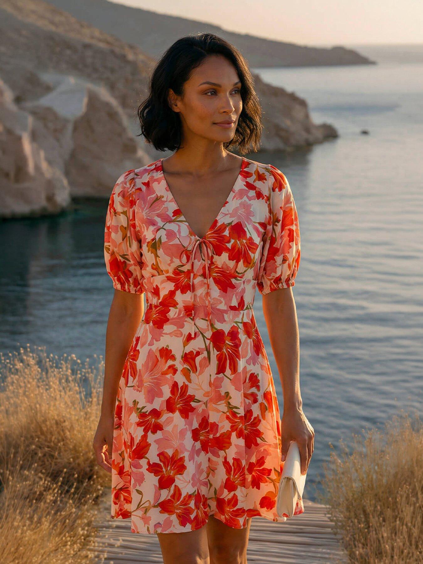 Roman Dusk Floral Tie Front Dress, Red, Size 10, Women