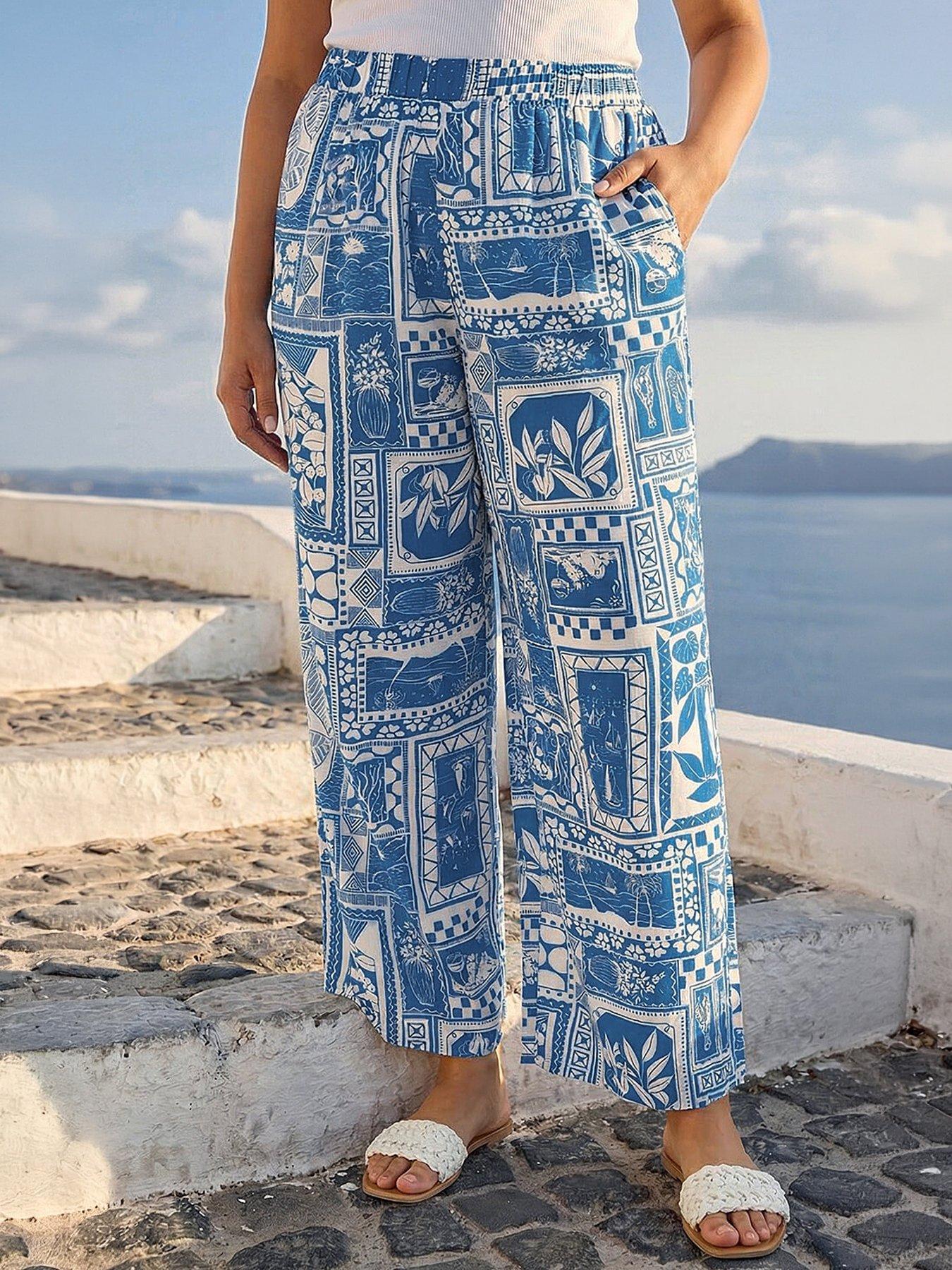 Roman Curve Postcard Print Wide Leg Trouser, Blue, Size 18, Women
