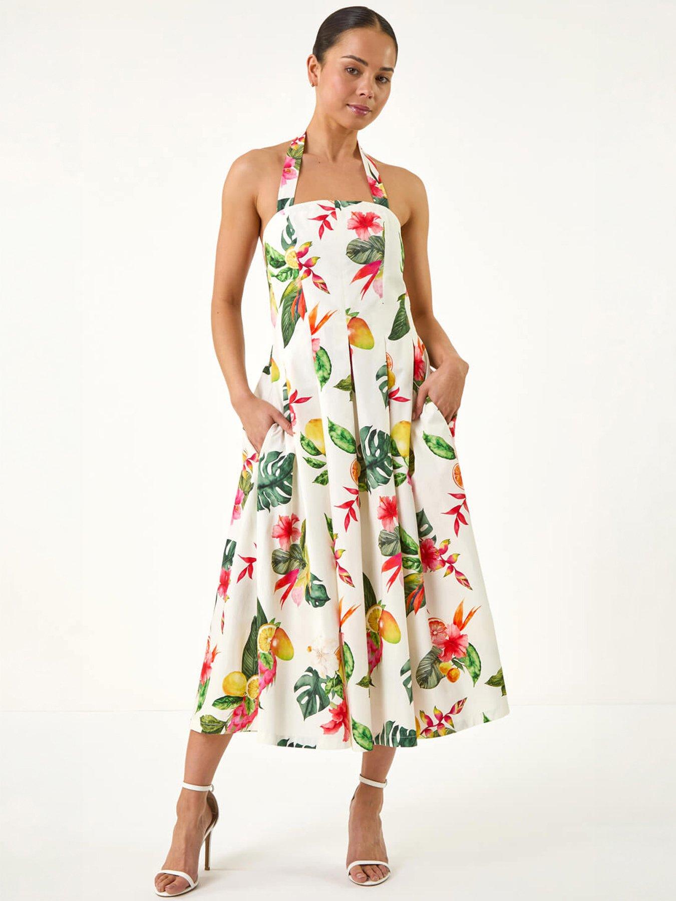 Roman Petite Tropical Print Strap Midi Dress