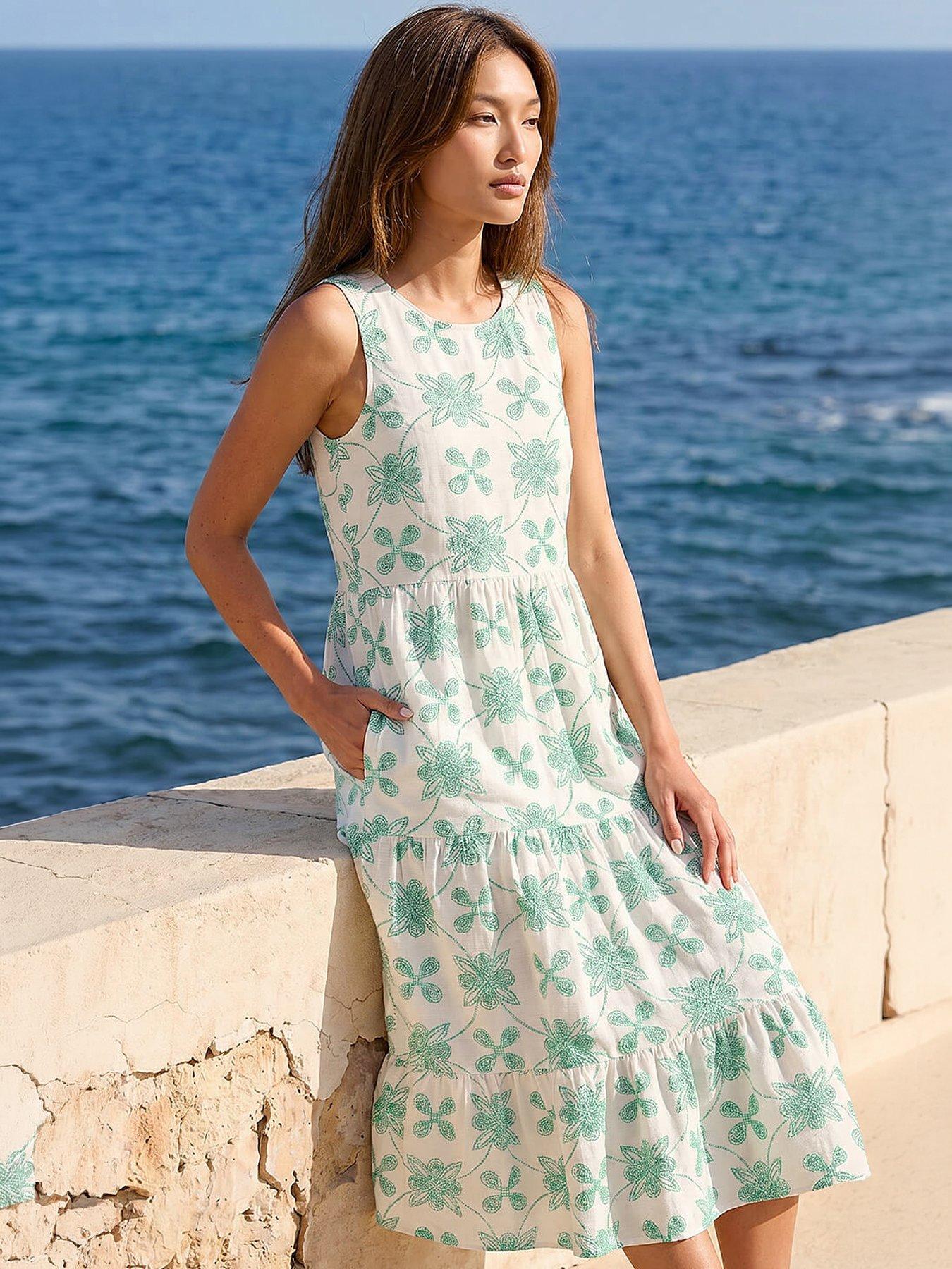 Roman Floral Motif Tiered Midi Dress, White, Size 12, Women