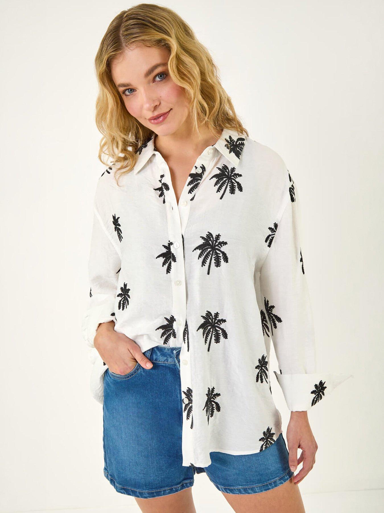 Roman Dusk Palm Embroidered Shirt, White, Size 12, Women