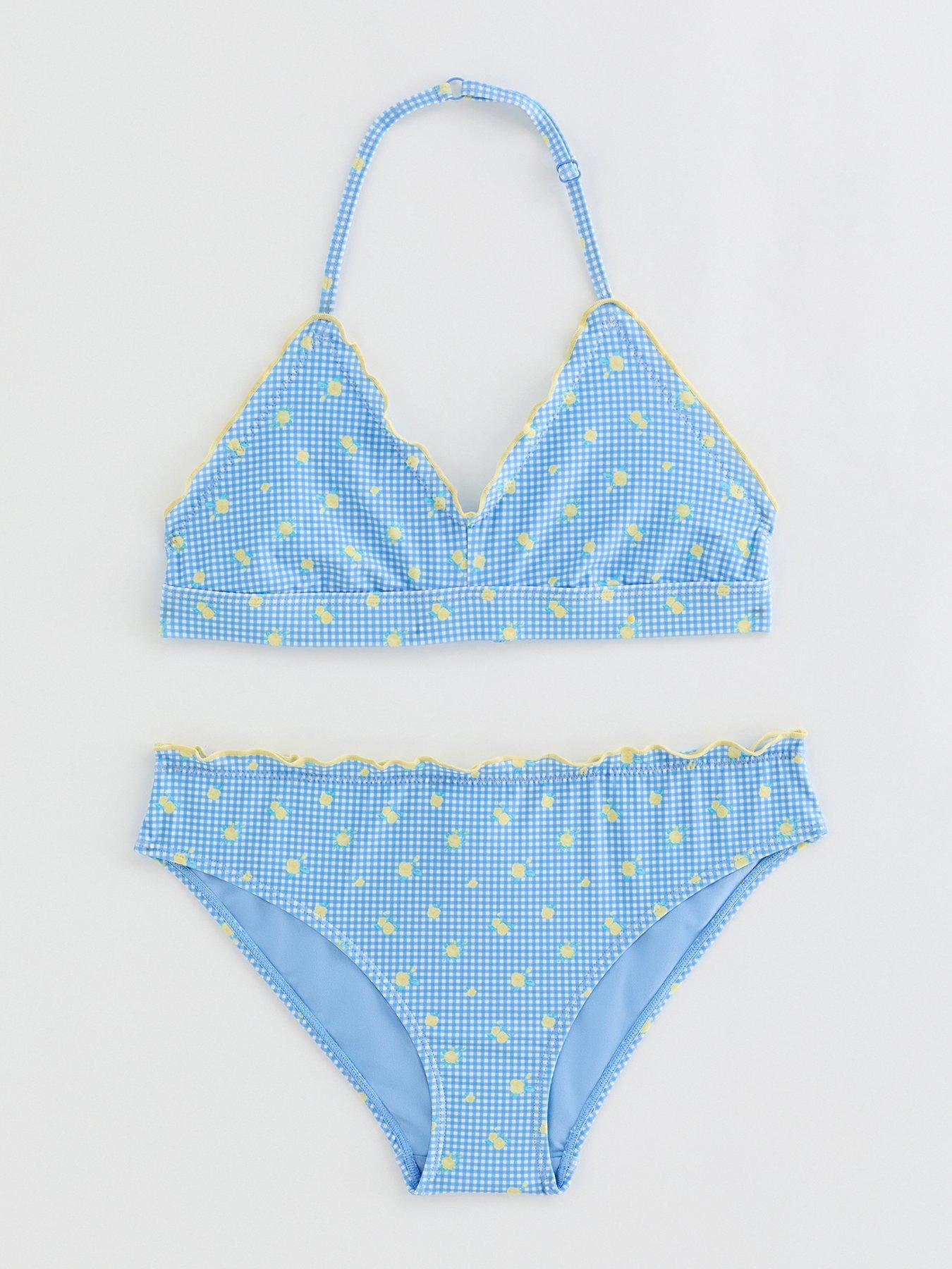 New Look 915 Girls Gingham Ditsy Print Shirred Bikini Set - Blue