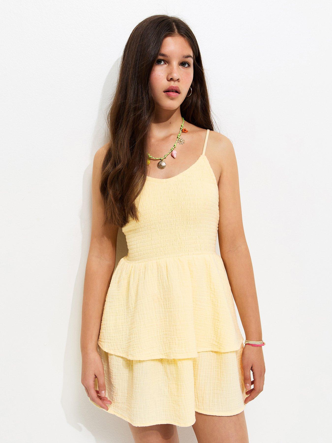 New Look 915 Girls Shirred Tiered Dress - Light Yellow