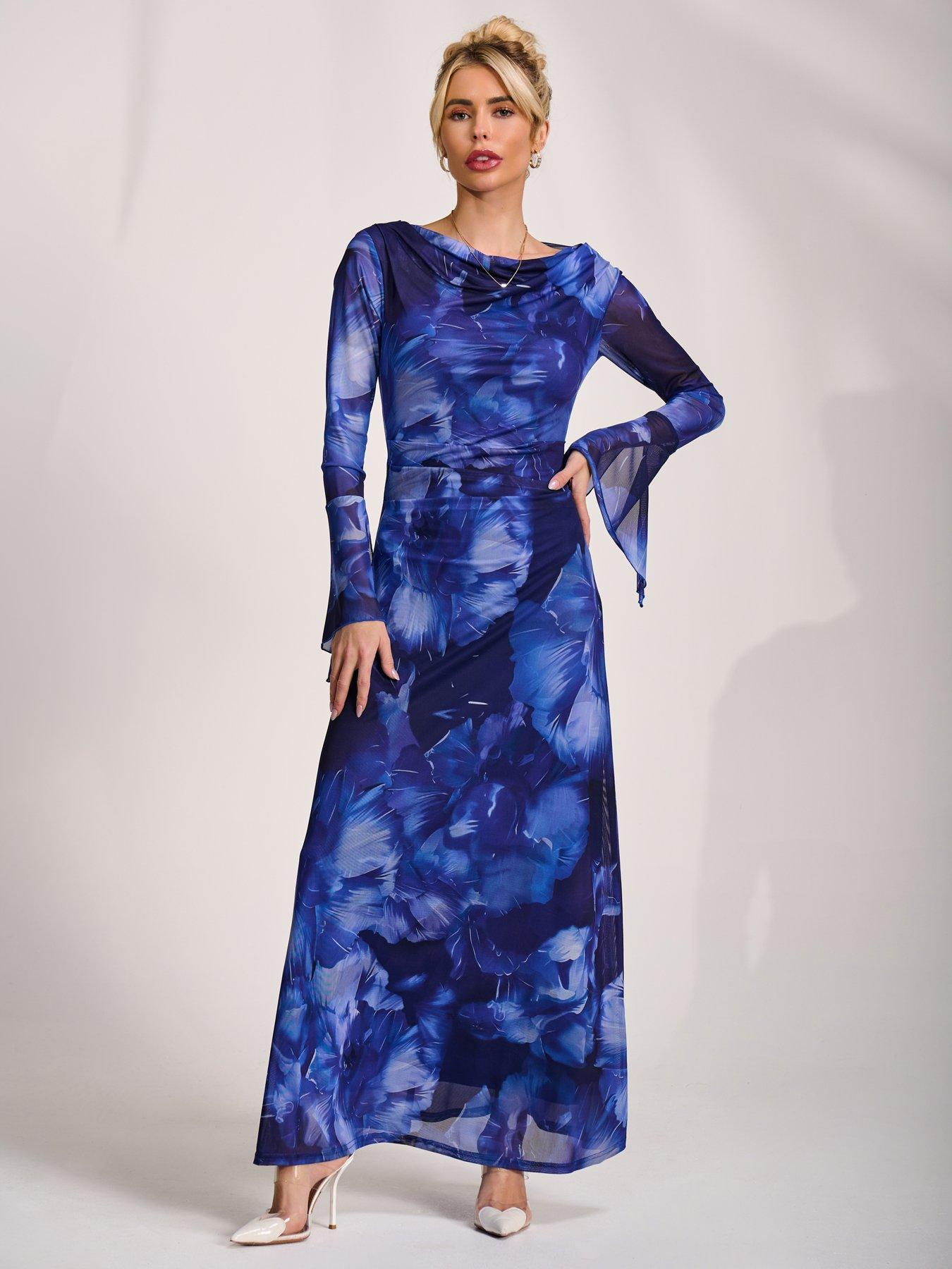 Jolie Moi Slash Neck Mesh Maxi Dress - Blue