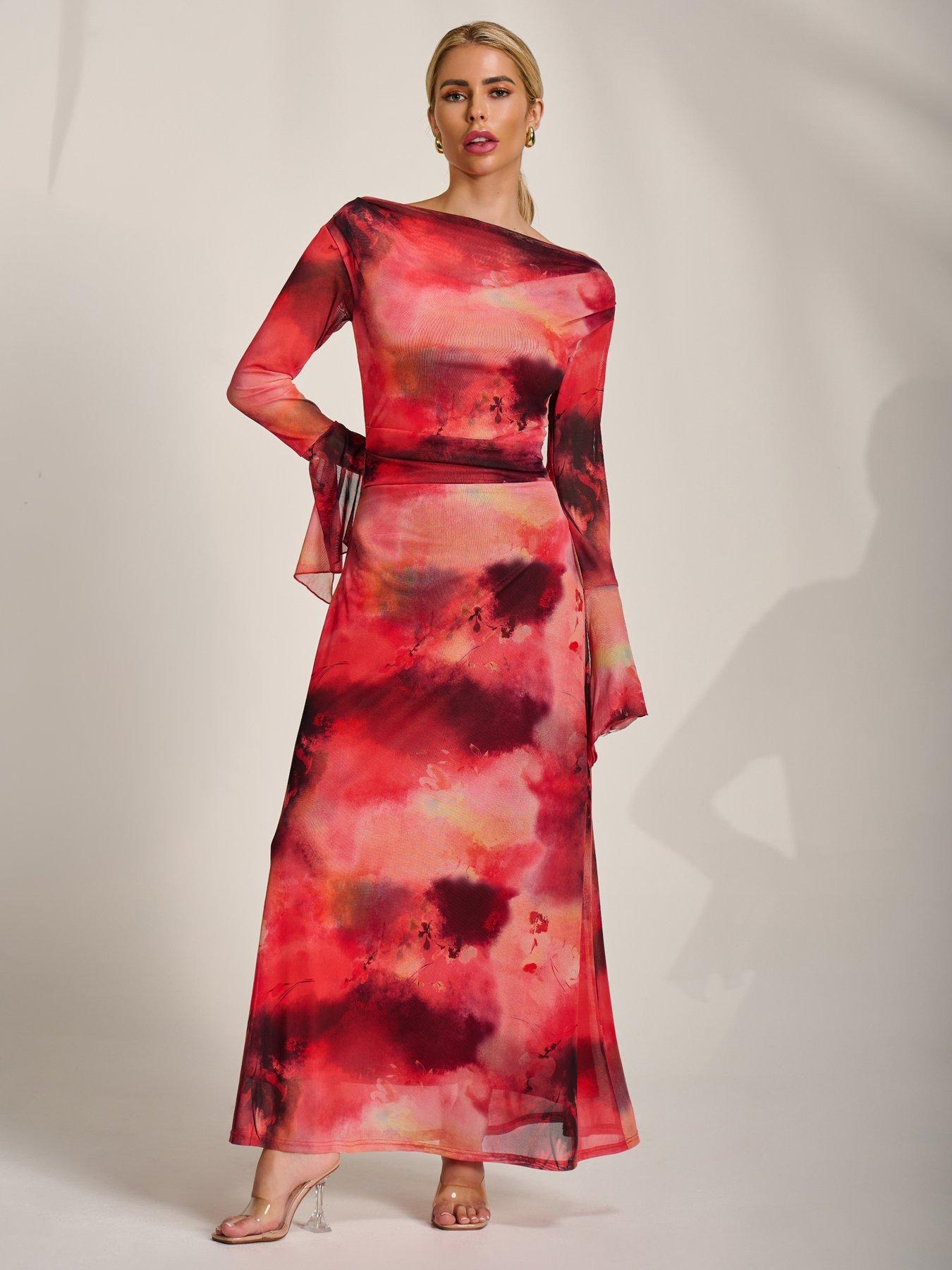 Jolie Moi Long Sleeve Slash Neck Mesh Maxi Dress - Red