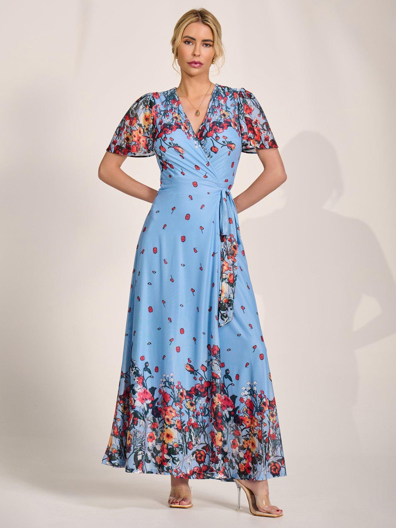 Jolie Moi Floral Mesh Wrap Maxi Dress - Blue | Very
