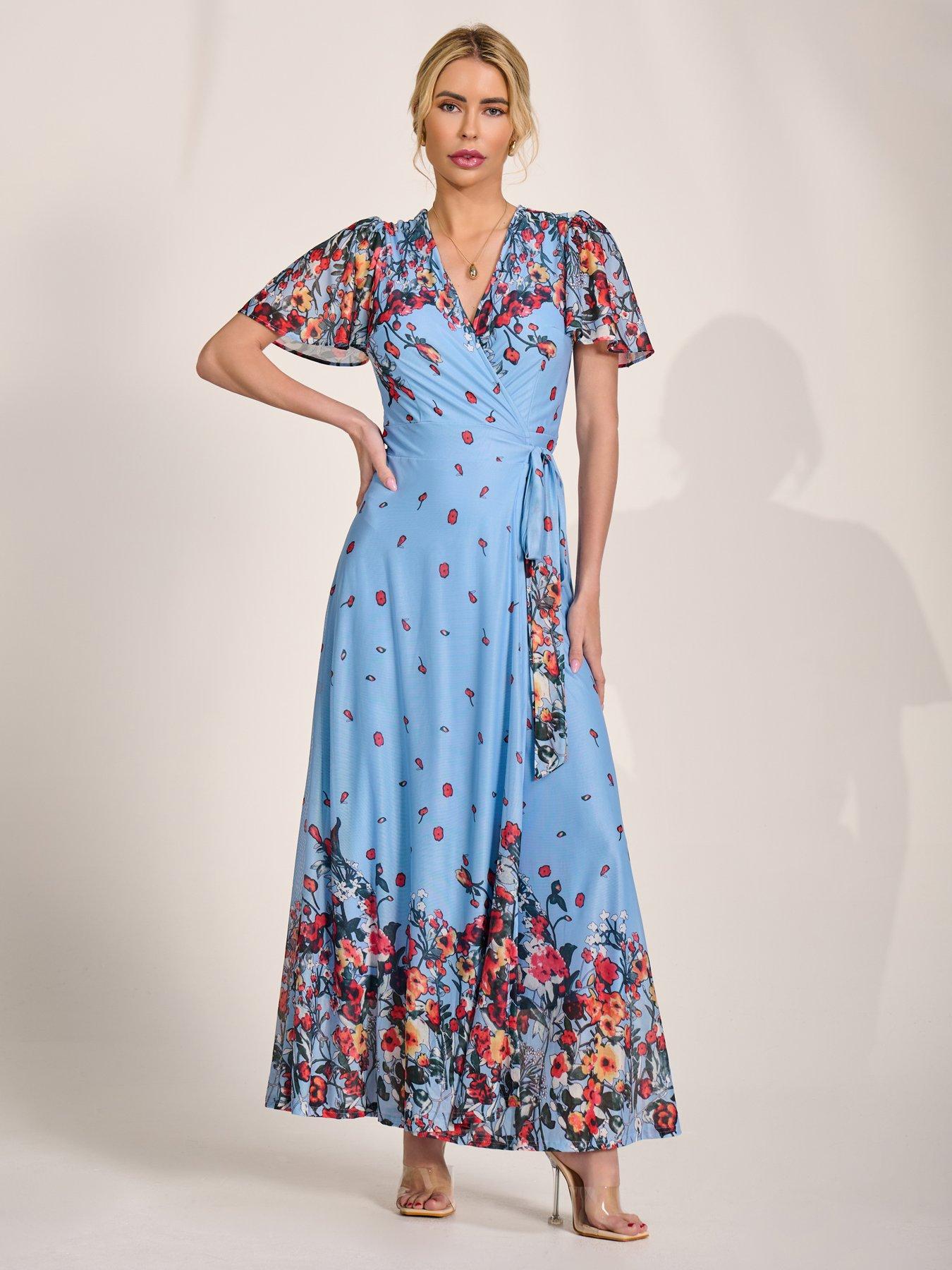 Jolie Moi Floral Mesh Wrap Maxi Dress - Blue | Very
