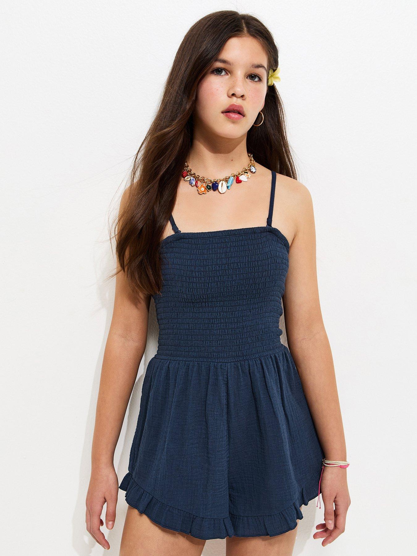 New Look 915 Girls Cotton Shirred Playsuit - Navy