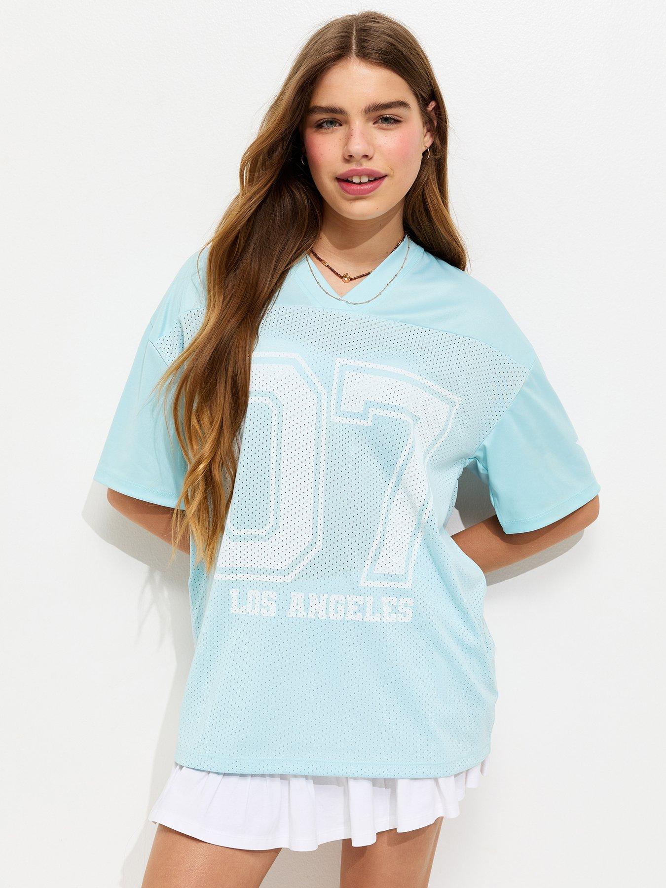 New Look 915 Girls Blue 07 Print Mesh Panel Longline Top - Light