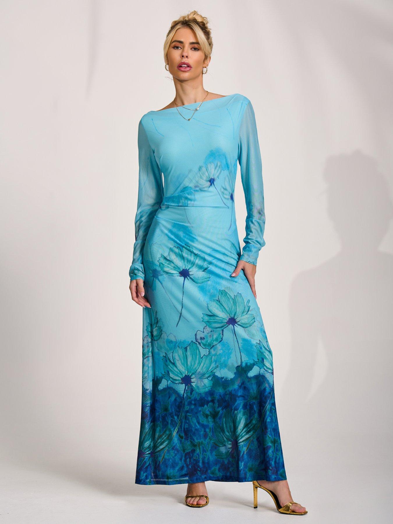 Jolie Moi Long Sleeve Slash Neck Mesh Maxi Dress - Blue | Very