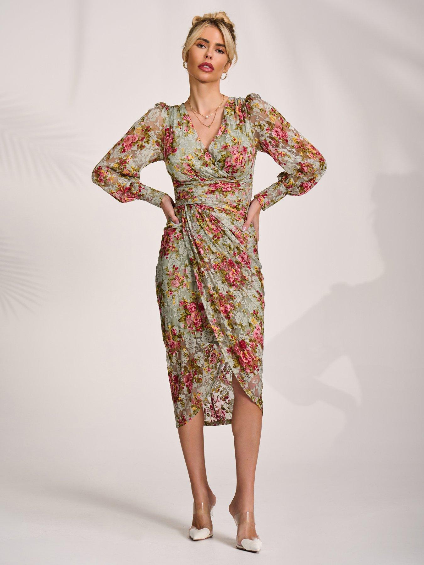 Jolie Moi Lace Long Sleeve Ruched Bodycon Dress - Green